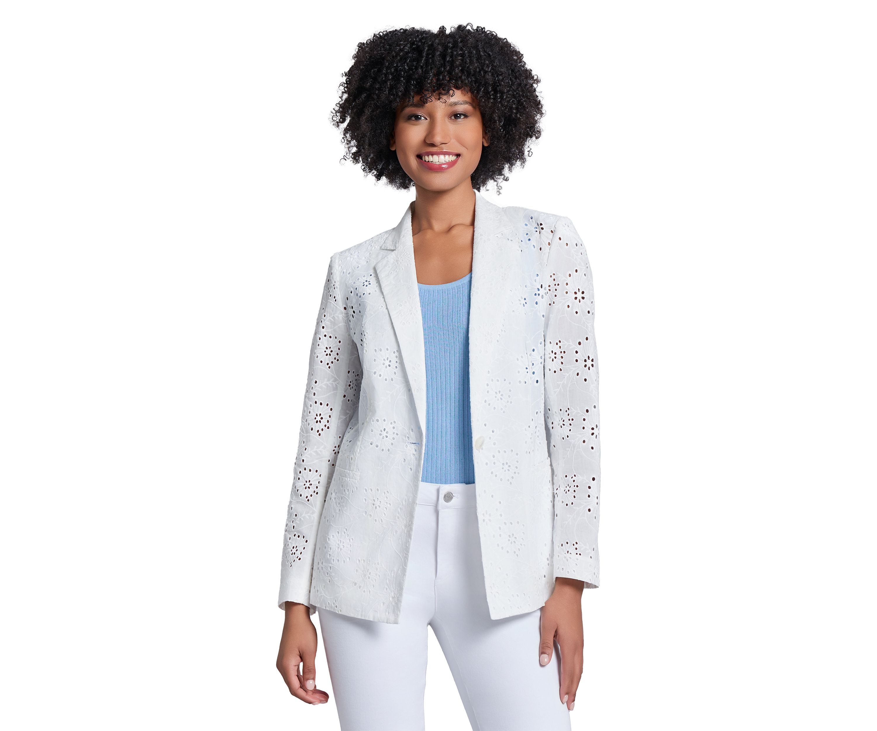 Womens Floral Eyelet One Button Notch Collar with with Welt Pockets
