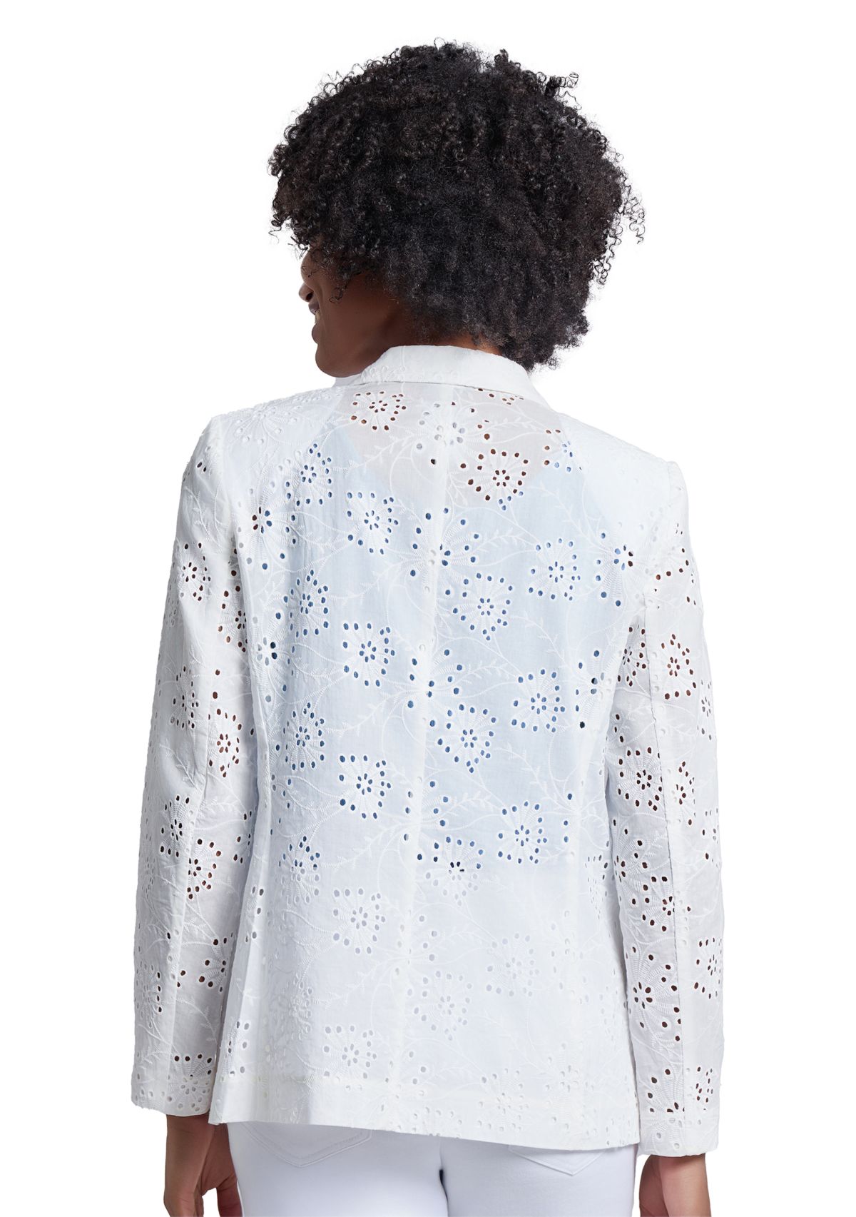 Womens Floral Eyelet One Button Notch Collar with with Welt Pockets