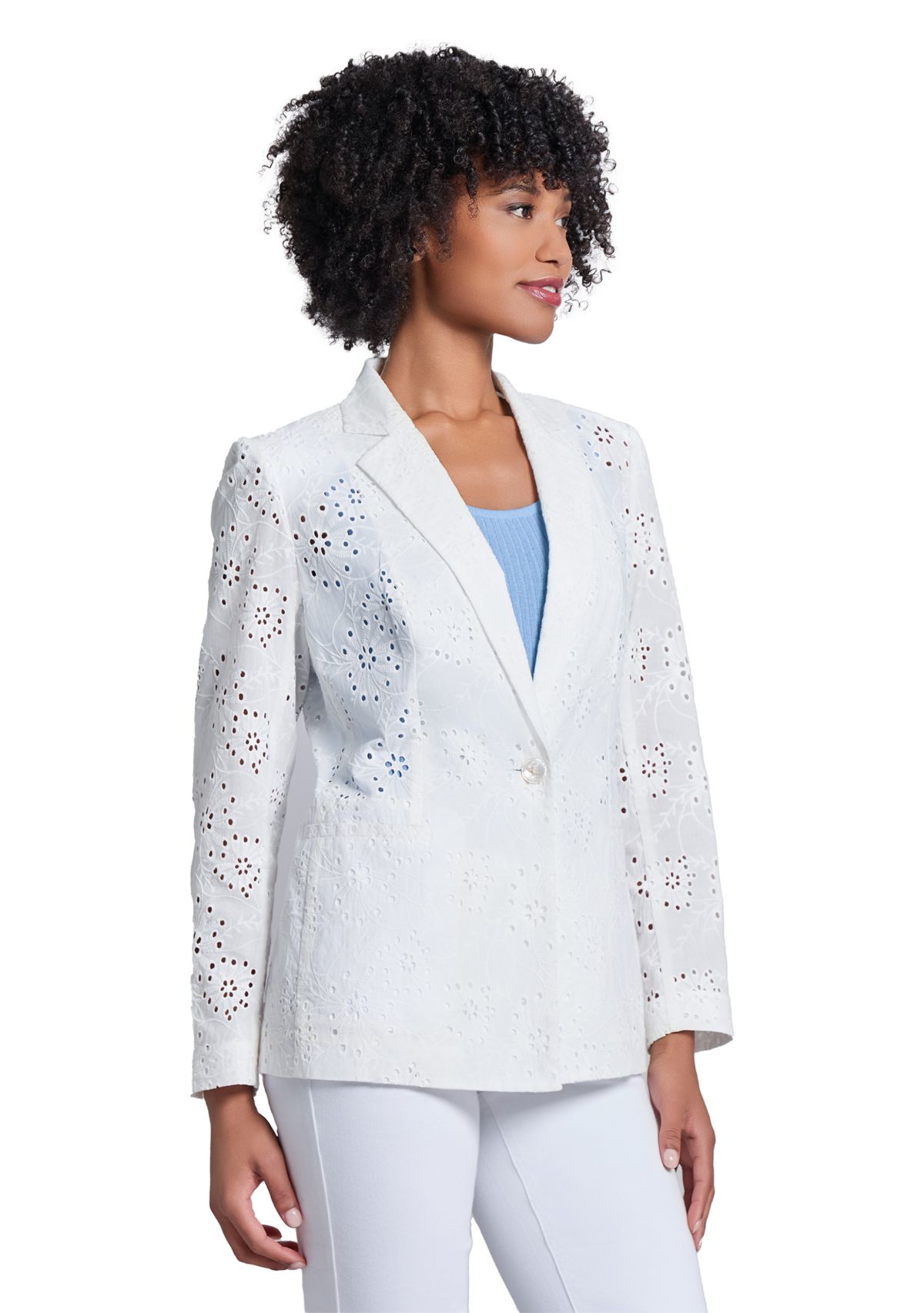 Womens Floral Eyelet One Button Notch Collar with with Welt Pockets