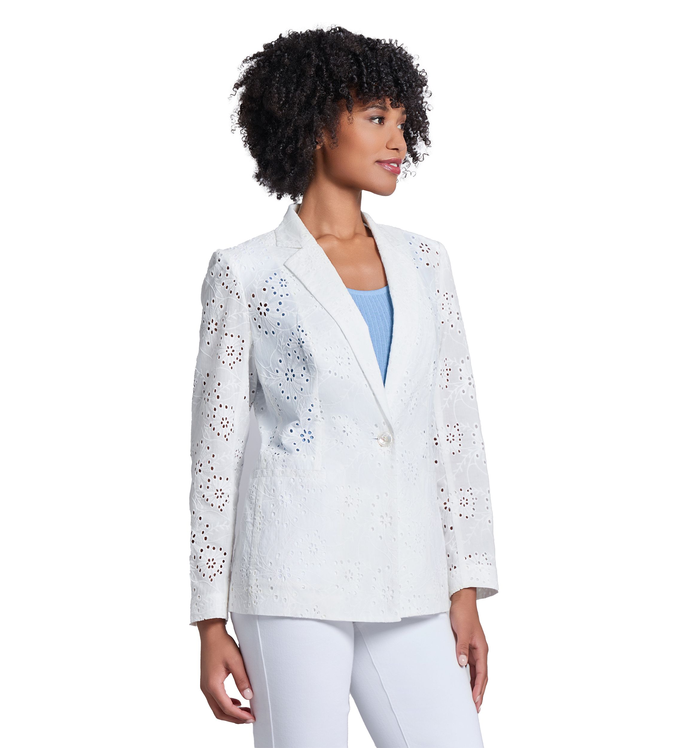 Womens Floral Eyelet One Button Notch Collar with with Welt Pockets