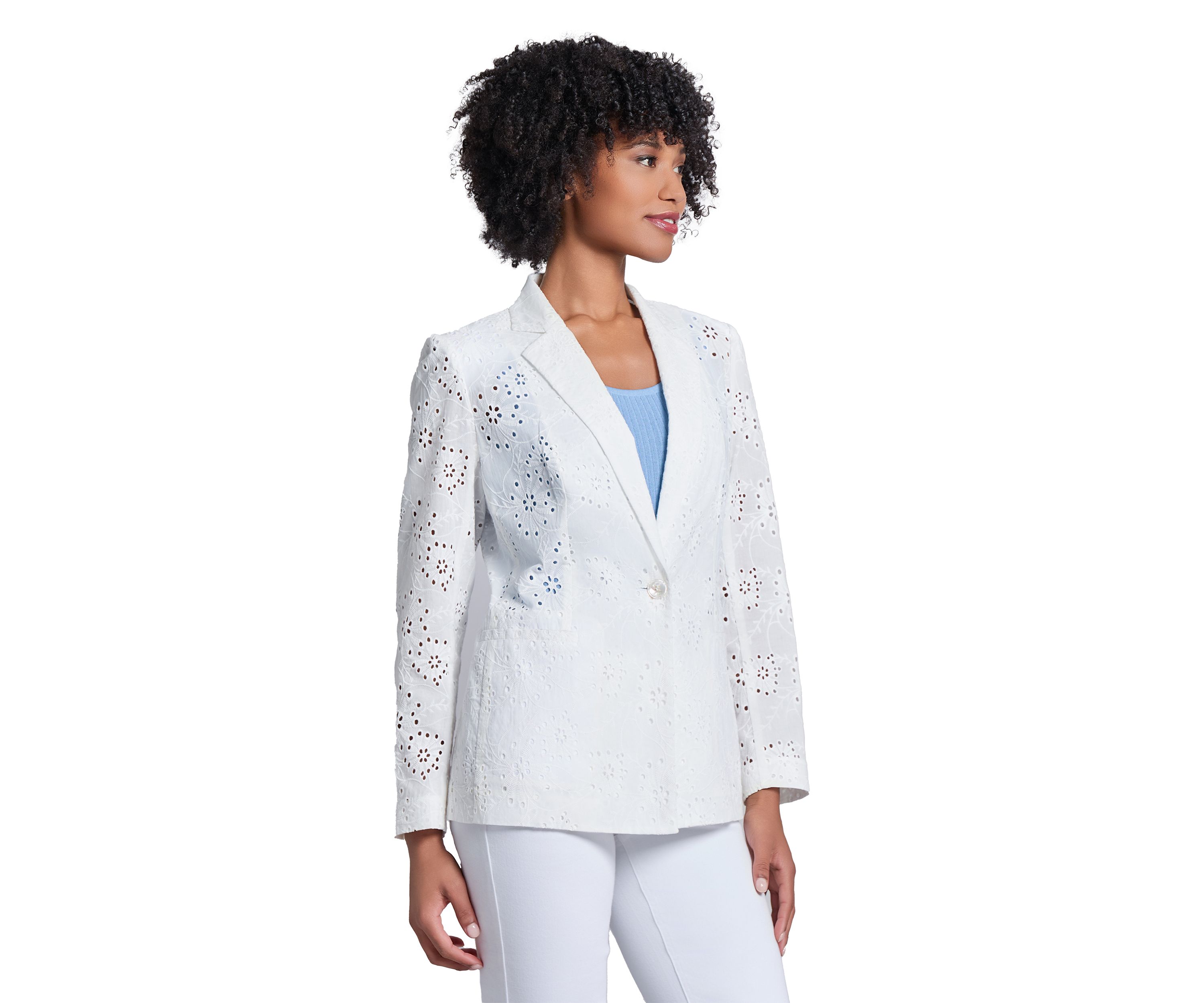 Womens Floral Eyelet One Button Notch Collar with with Welt Pockets