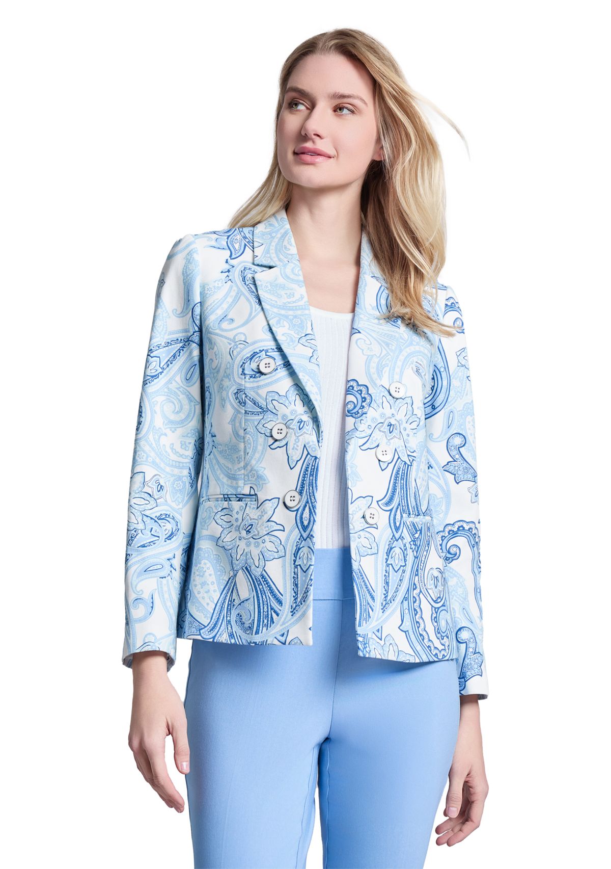 Womens Printed Woven Faux Double Breasted Jacket 
