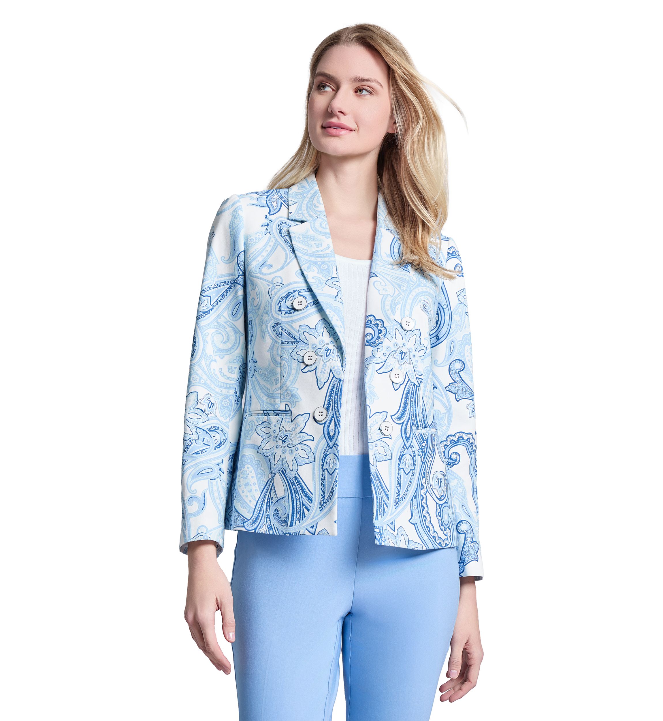 Womens Printed Woven Faux Double Breasted Jacket 