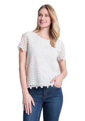 JONES NEW YORK Women's Medallion Lace Short Sleeve T-Shirt