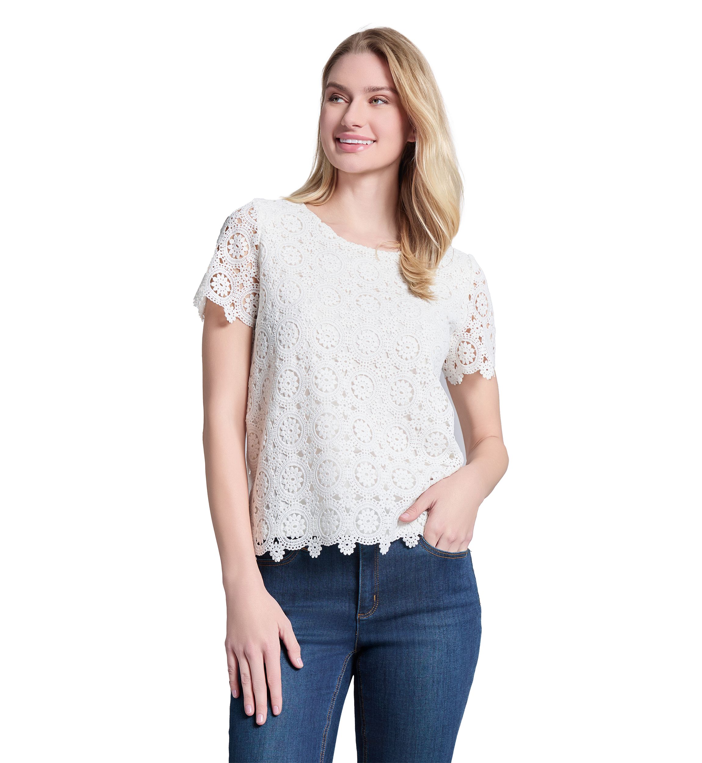 Womens Medallion Lace Short Sleeve T-Shirt 