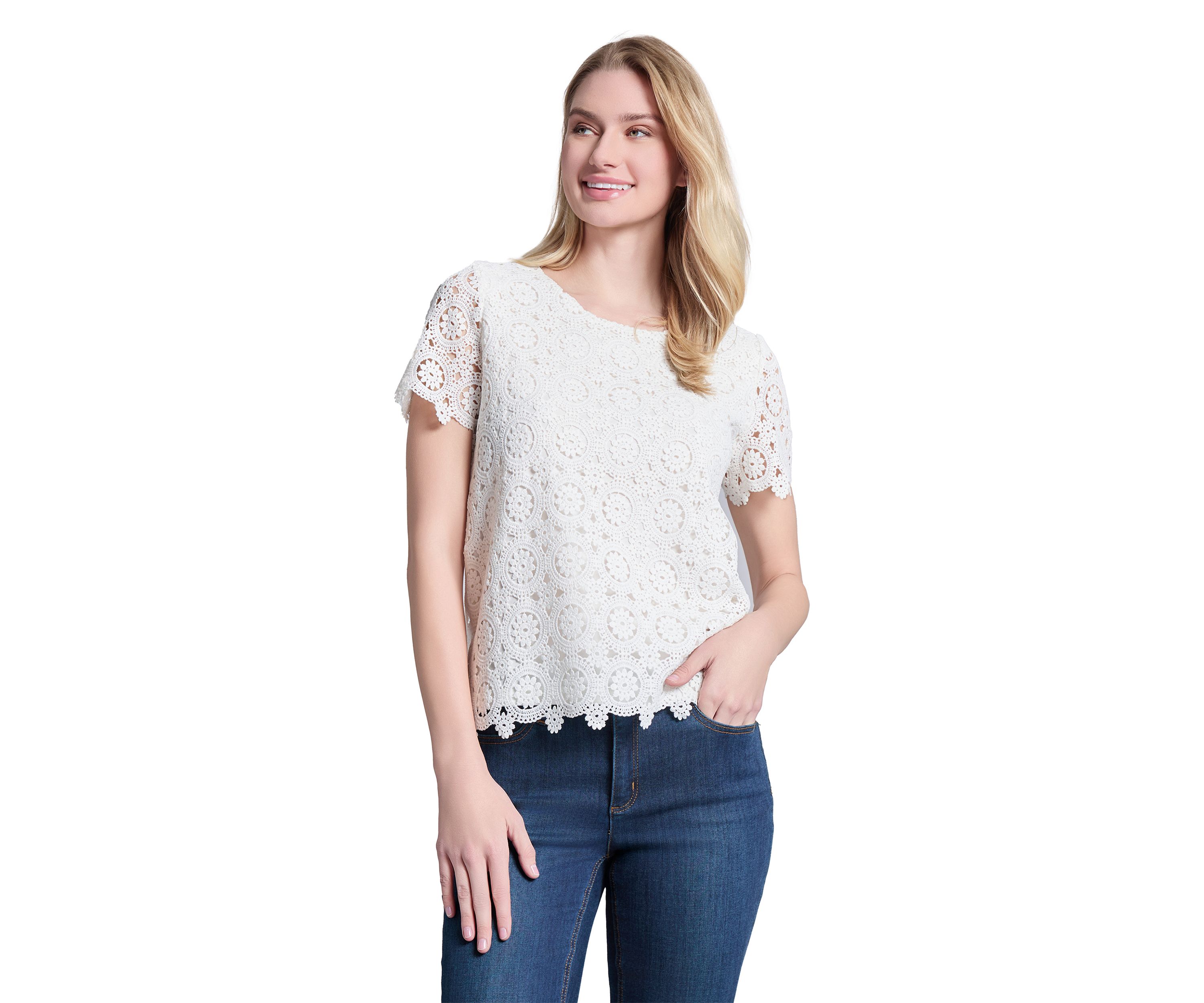 Womens Medallion Lace Short Sleeve T-Shirt 