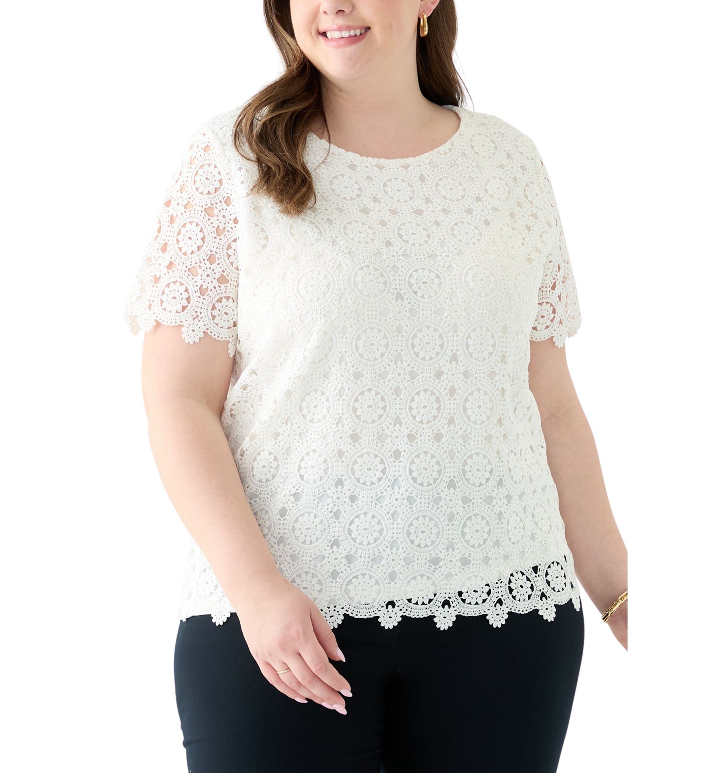 Plus Size Medallion Lace Short Sleeve Top
