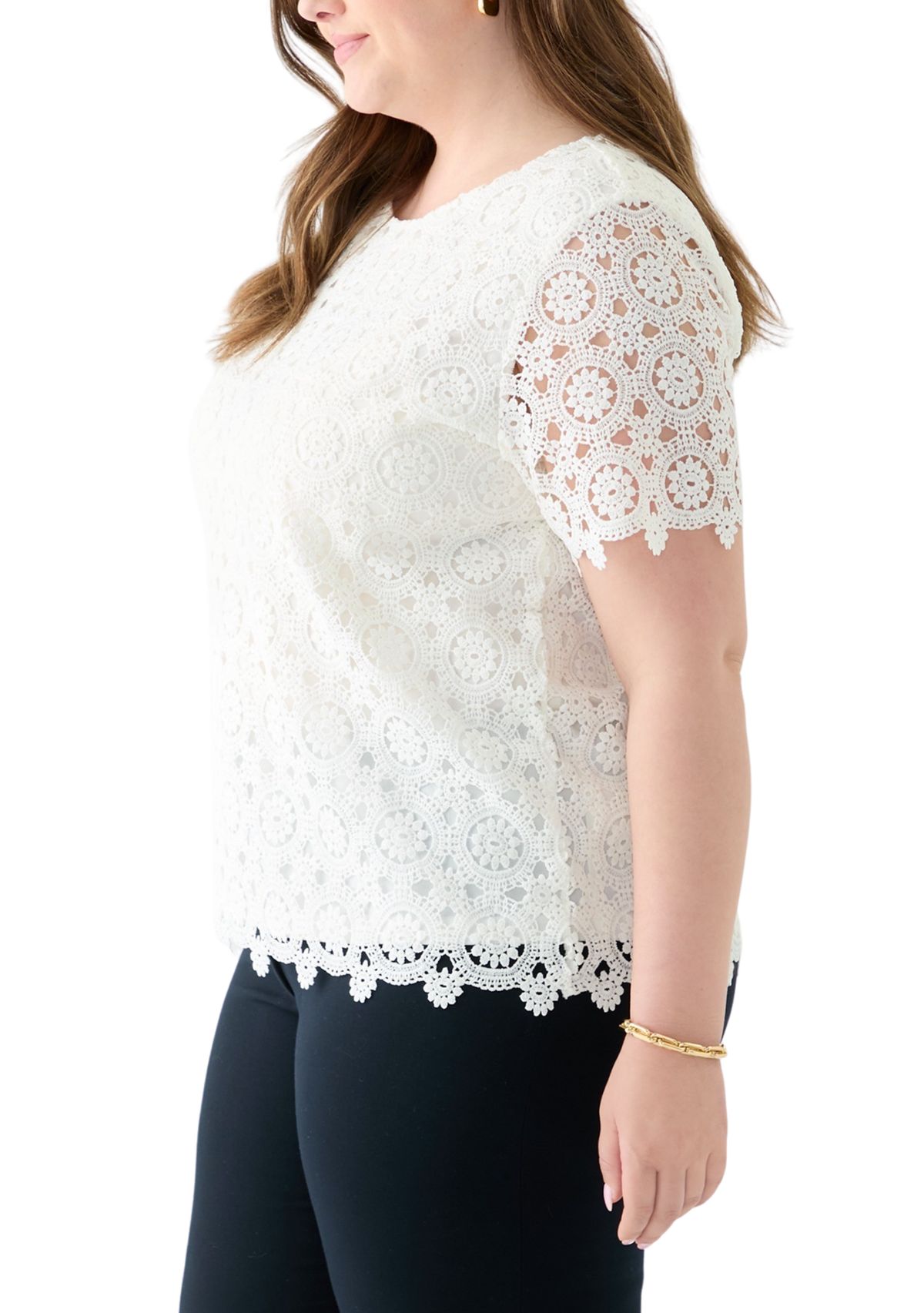 Plus Size Medallion Lace Short Sleeve Top