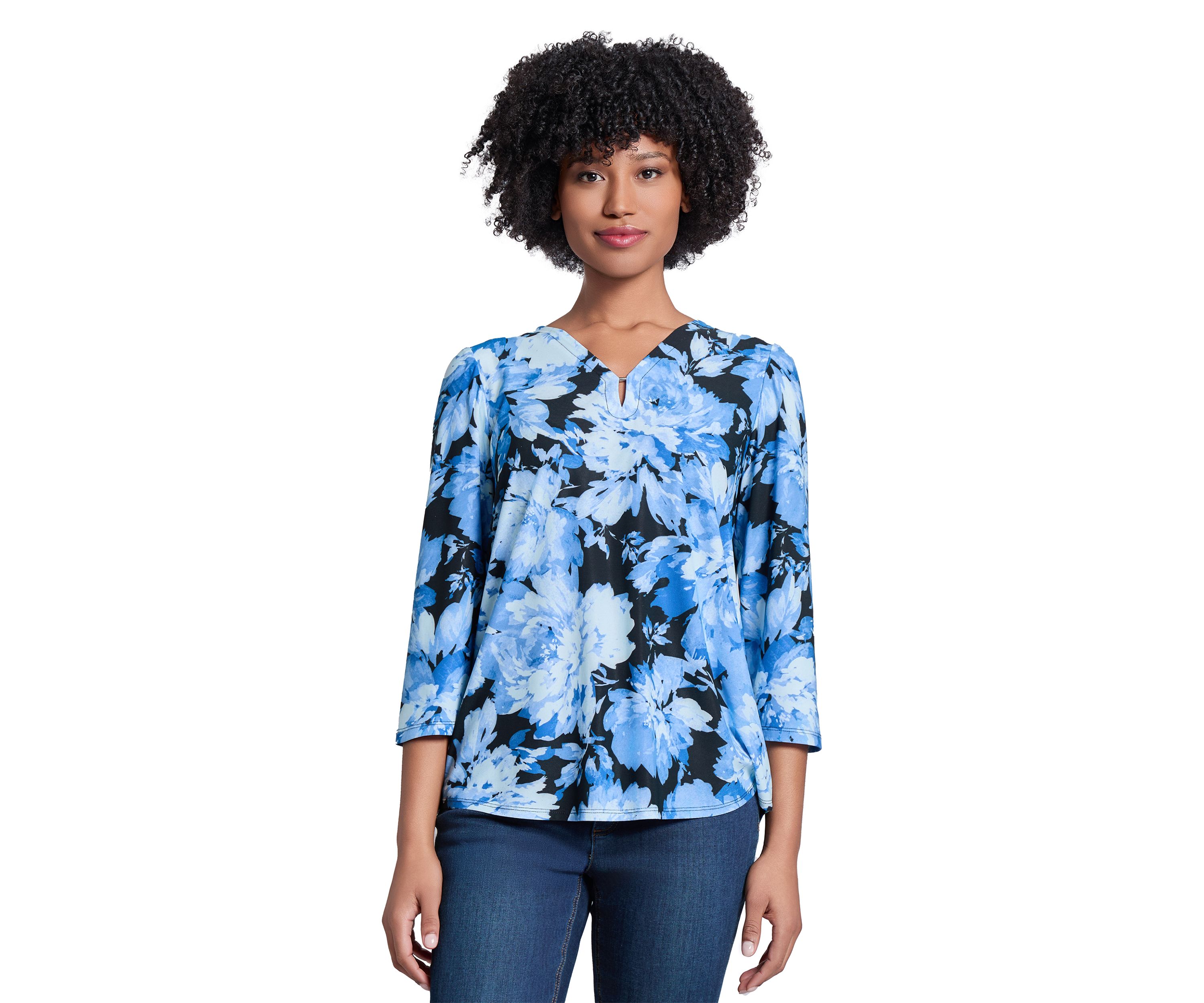 Printed Moss Crepe 3/4 Sleeve  V-Neck Top with Tube Trim