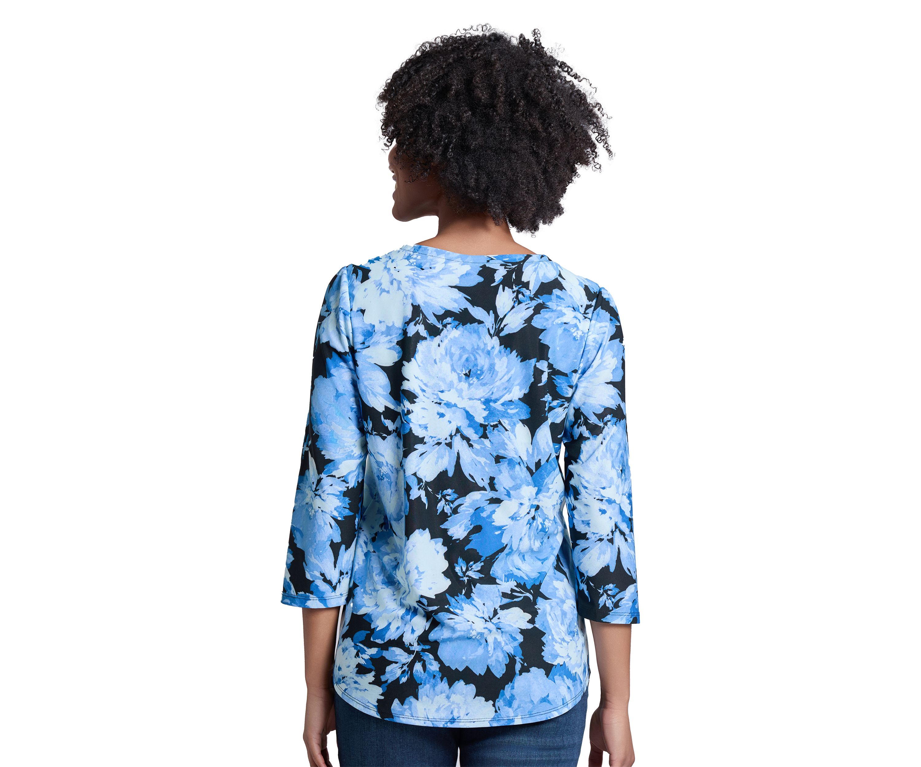 Printed Moss Crepe 3/4 Sleeve  V-Neck Top with Tube Trim