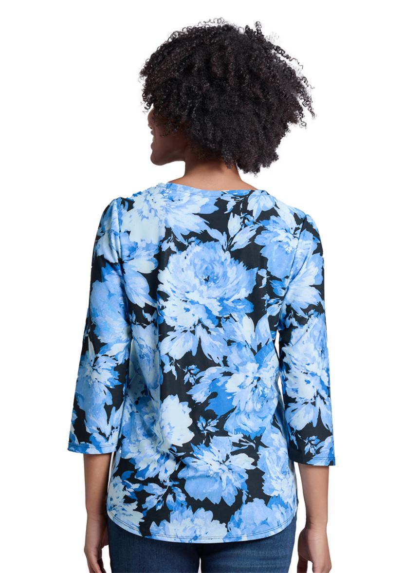 Printed Moss Crepe 3/4 Sleeve  V-Neck Top with Tube Trim