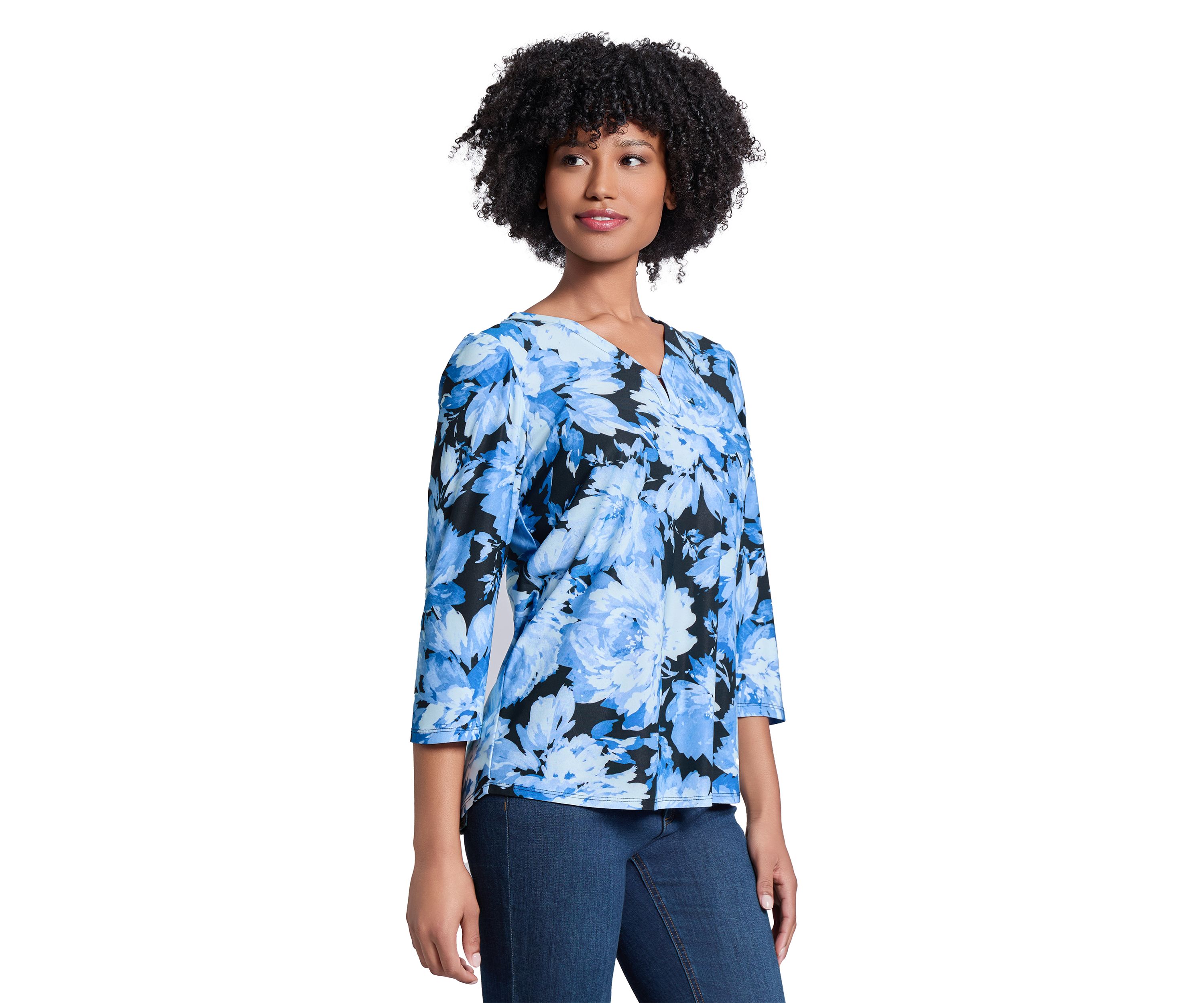 Printed Moss Crepe 3/4 Sleeve  V-Neck Top with Tube Trim