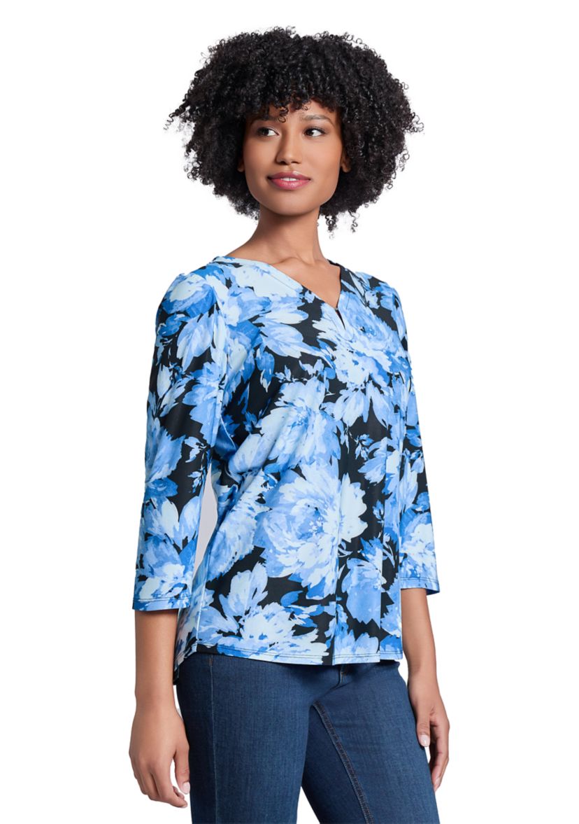 Printed Moss Crepe 3/4 Sleeve  V-Neck Top with Tube Trim