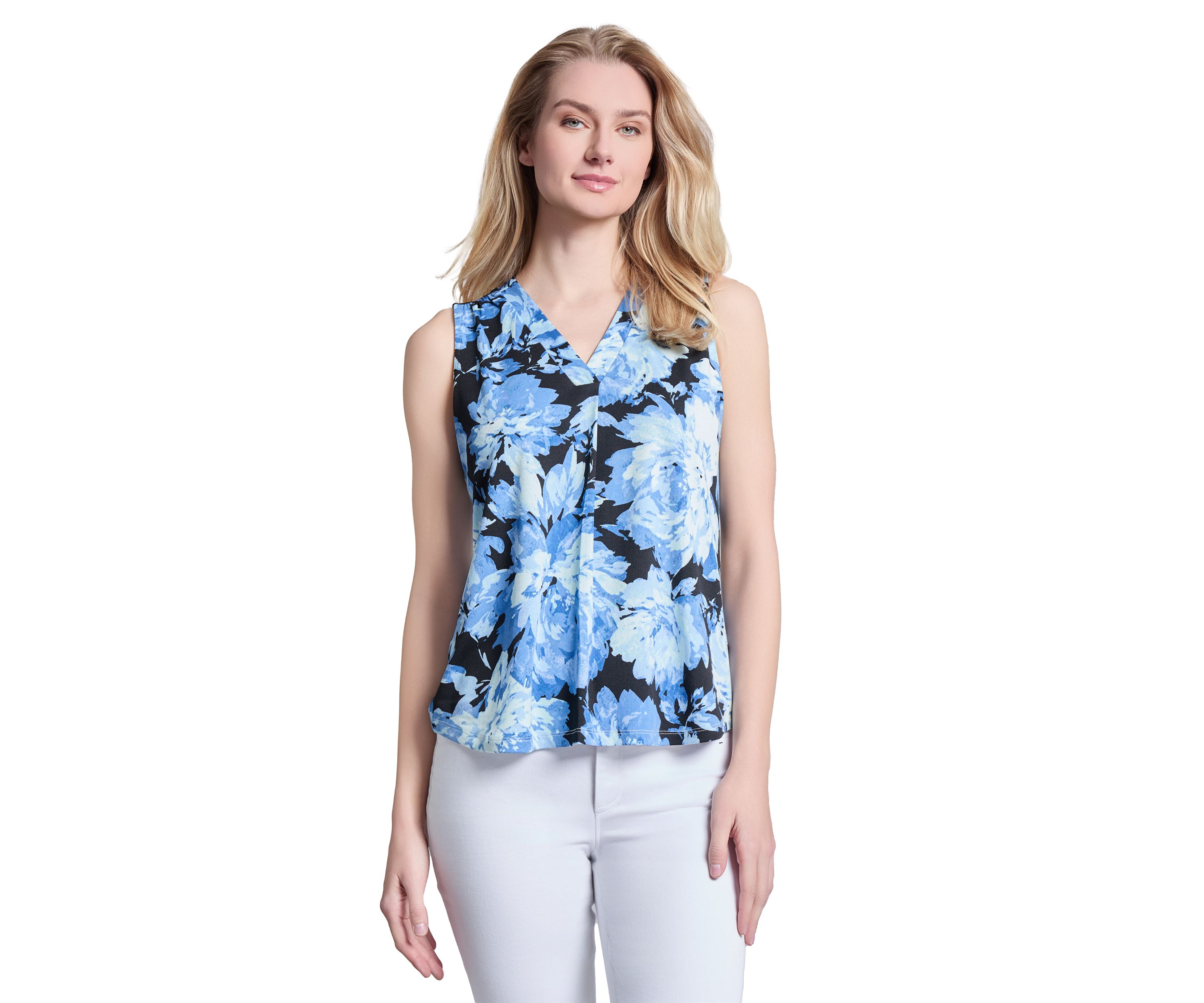 Petite Printed Moss Crepe Sleeveless V-Neck Pleat Front Top