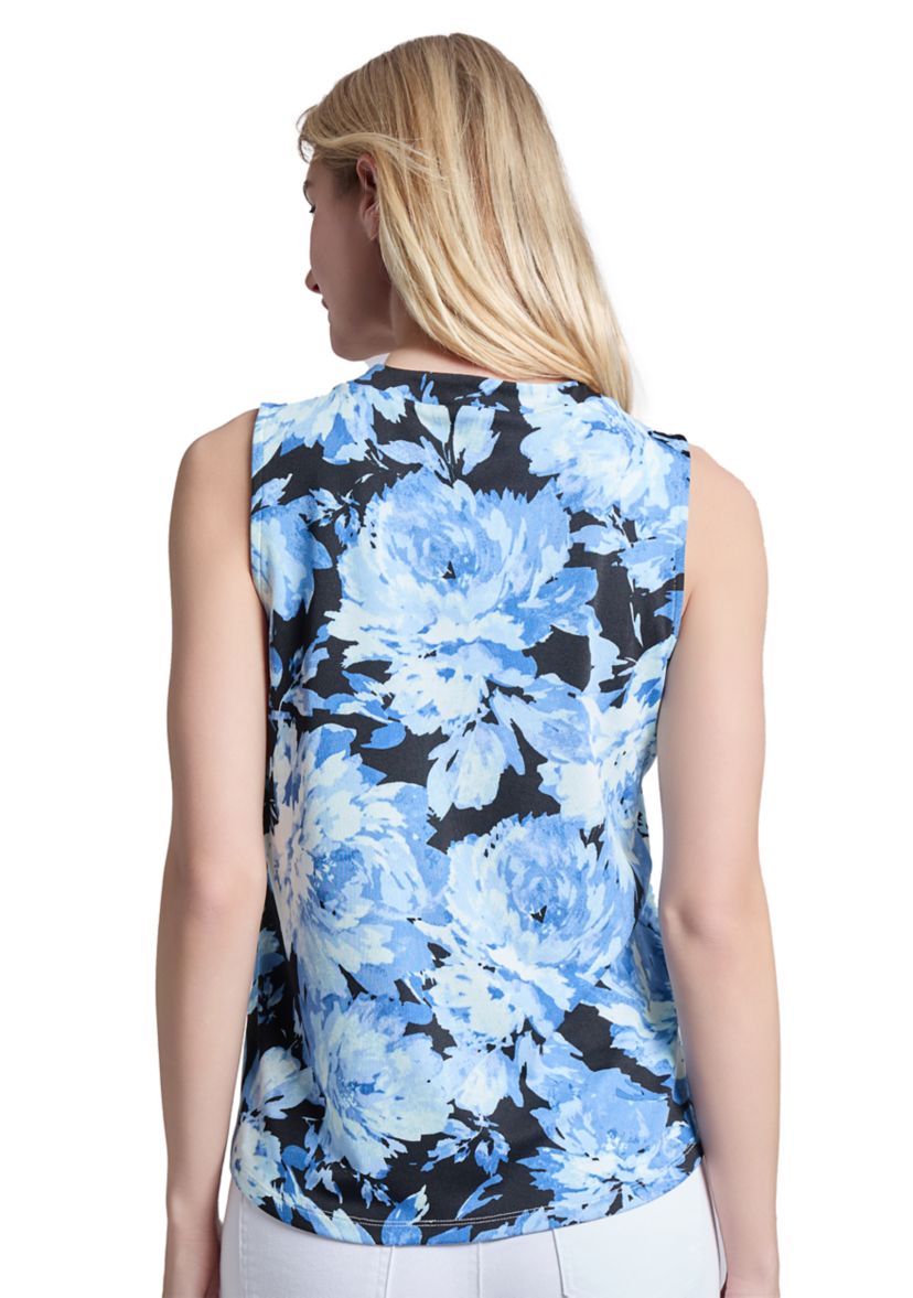 Petite Printed Moss Crepe Sleeveless V-Neck Pleat Front Top