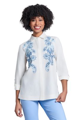 JONES NEW YORK Women's Button Front Embroidered Long Sleeve Blouse