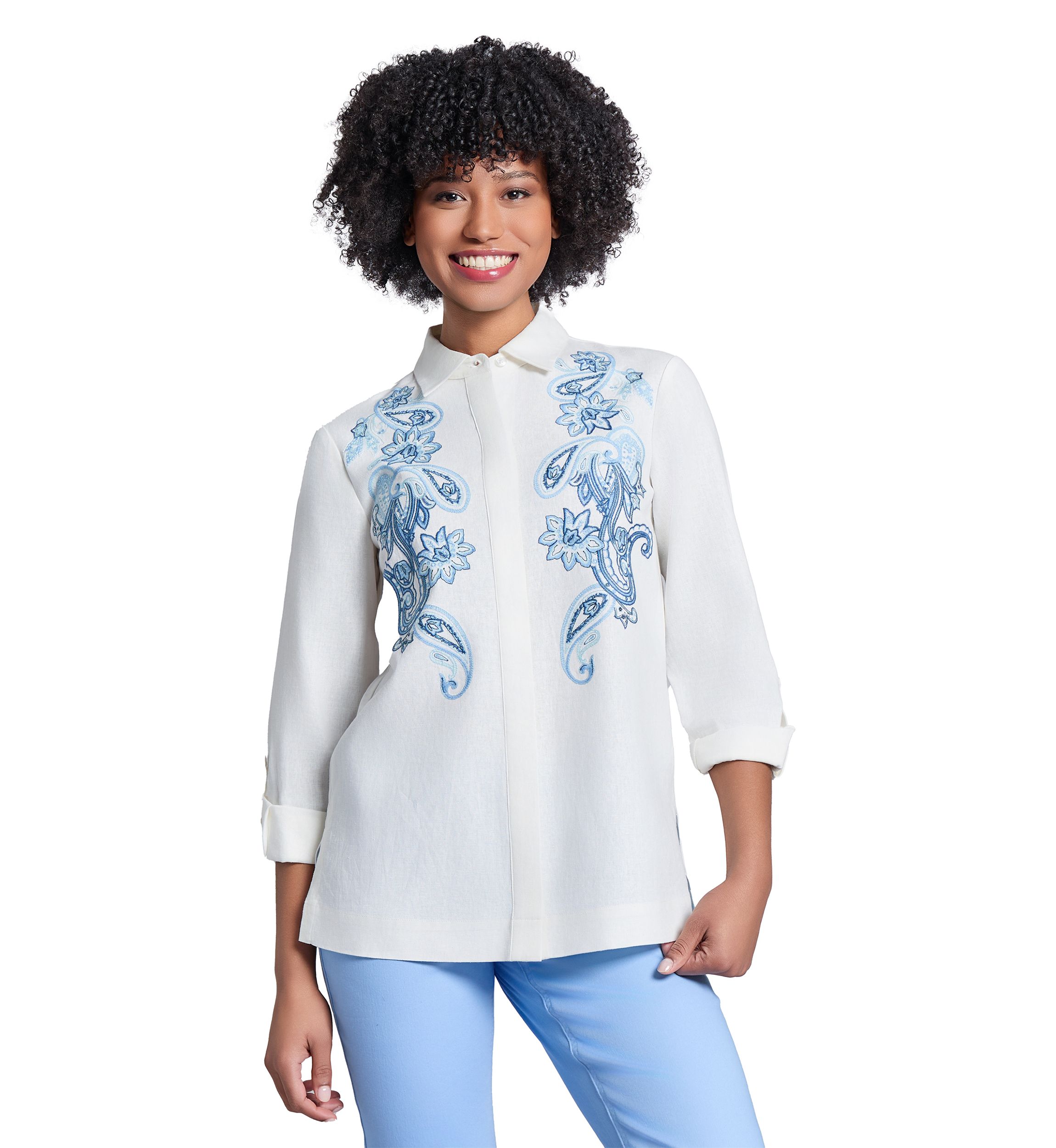 Womens Button Front Embroidered Long Sleeve Blouse
