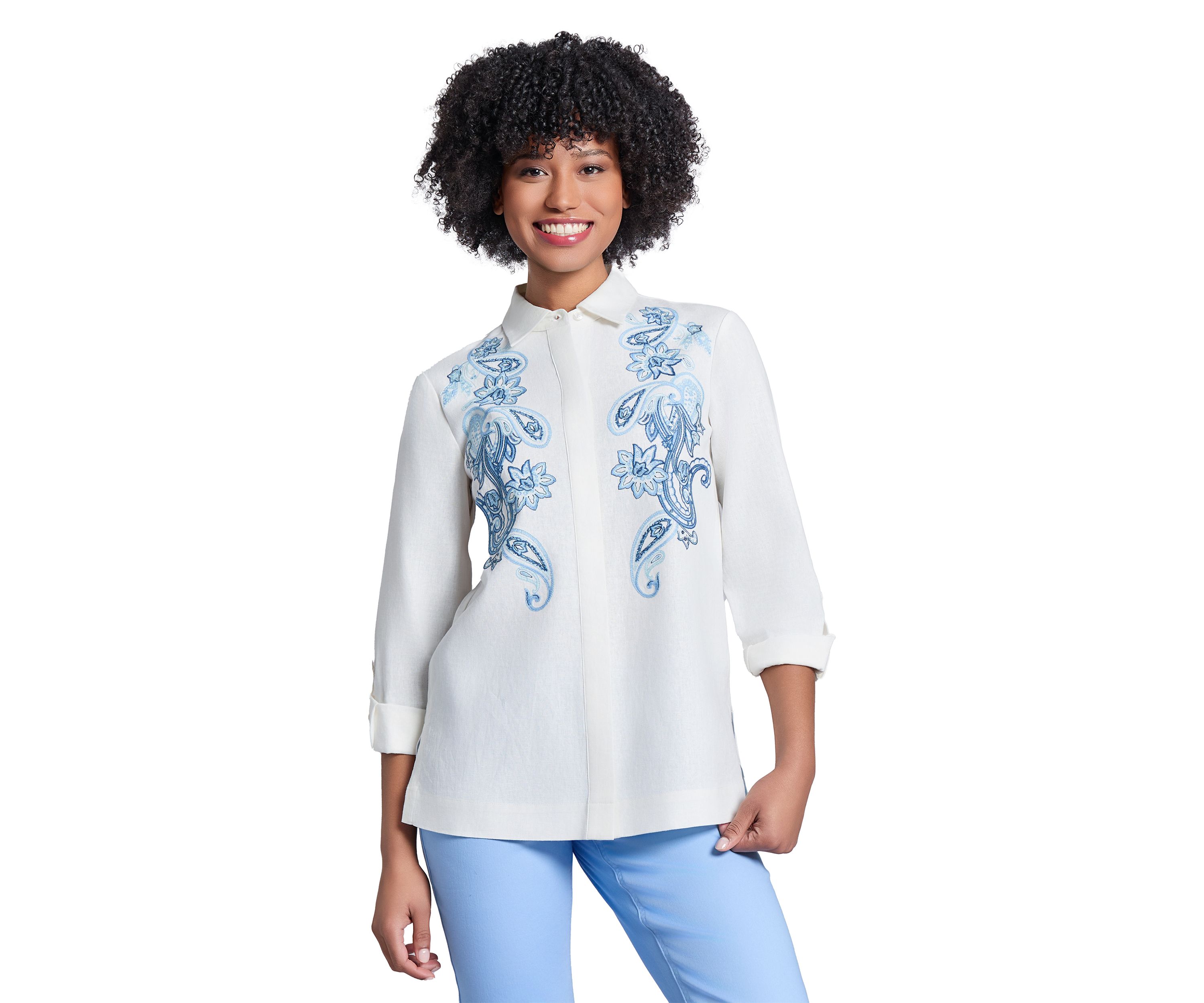 Womens Button Front Embroidered Long Sleeve Blouse