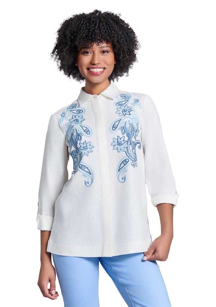 Womens Button Front Embroidered Long Sleeve Blouse