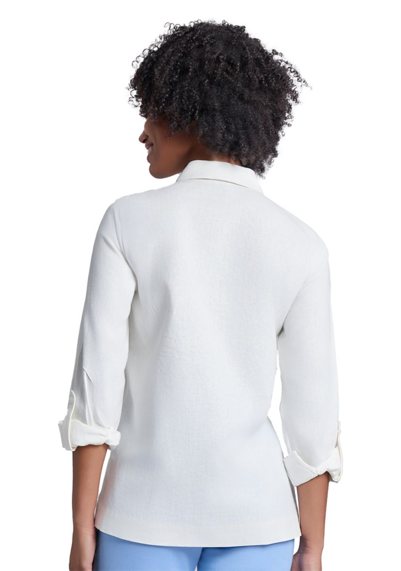 Womens Button Front Embroidered Long Sleeve Blouse