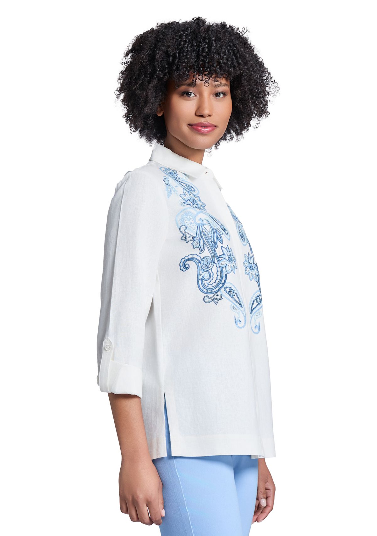 Womens Button Front Embroidered Long Sleeve Blouse