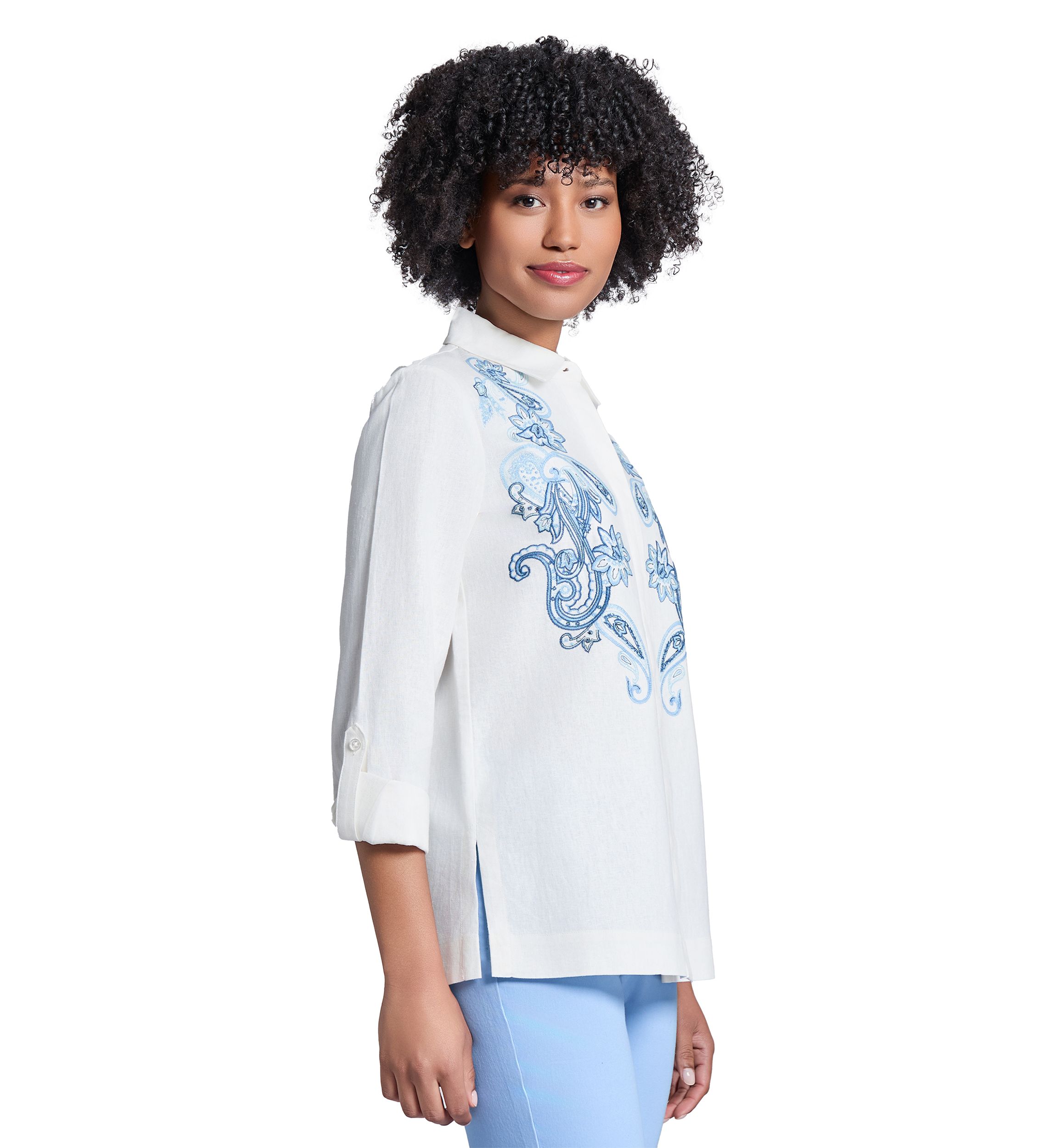 Womens Button Front Embroidered Long Sleeve Blouse