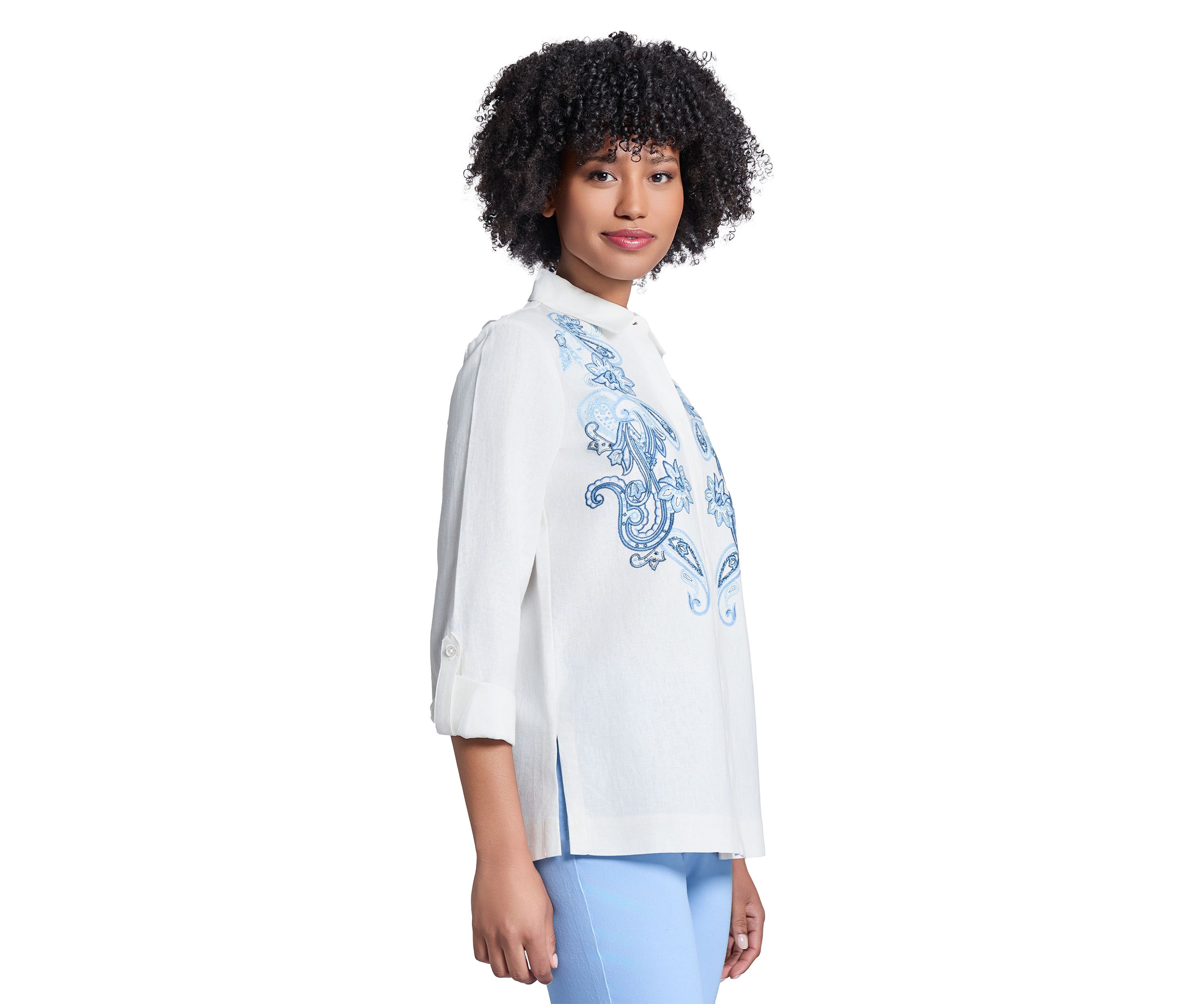 Womens Button Front Embroidered Long Sleeve Blouse