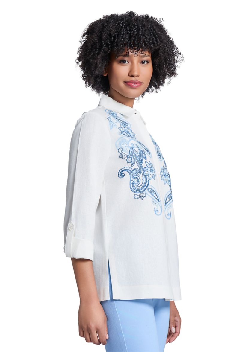 Womens Button Front Embroidered Long Sleeve Blouse