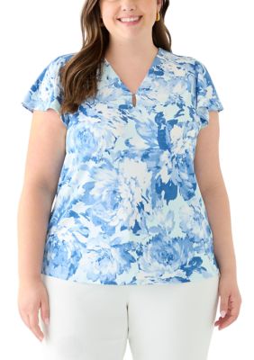 JONES NEW YORK Women's Plus Size Printed Moss Crepe Tube Trim Top, 1X