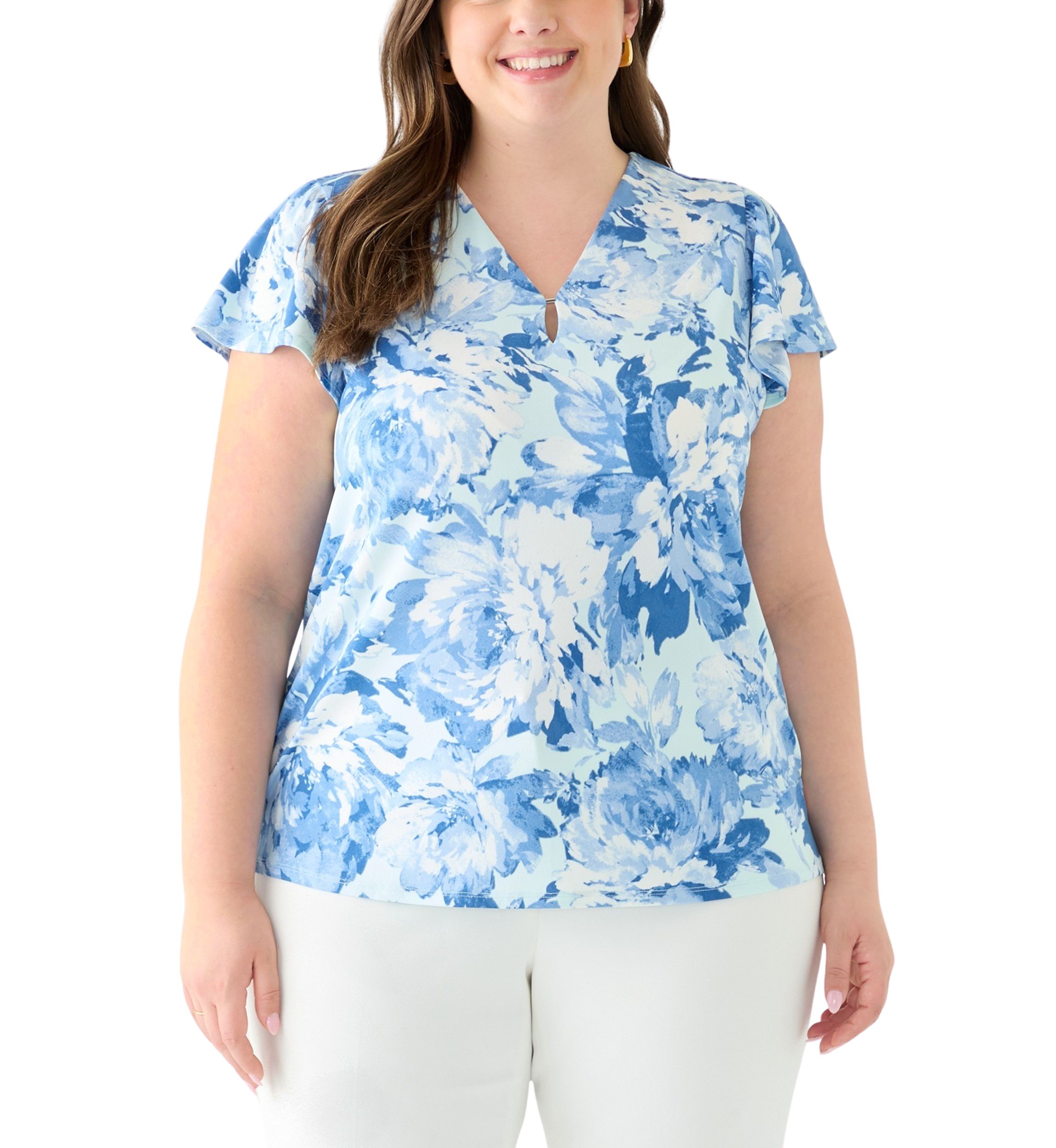 Plus Size Printed Moss Crepe Tube Trim Top