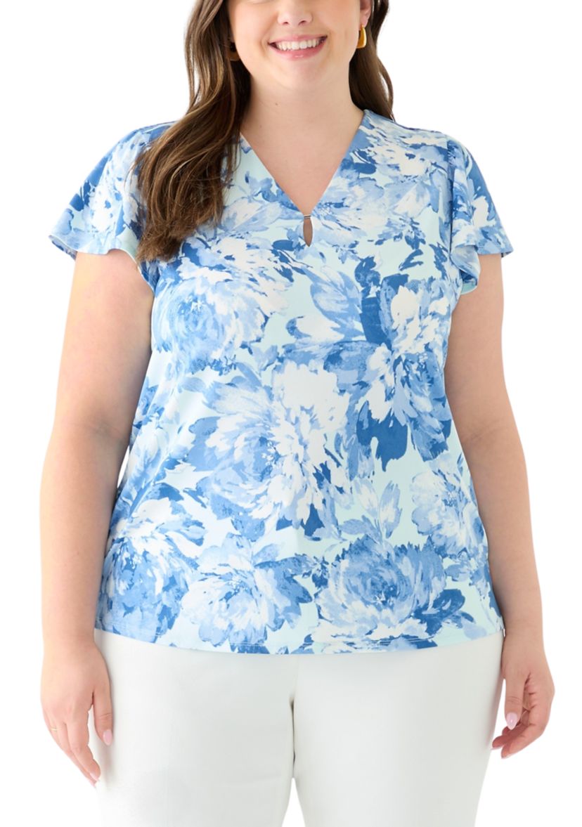 Plus Size Printed Moss Crepe Tube Trim Top
