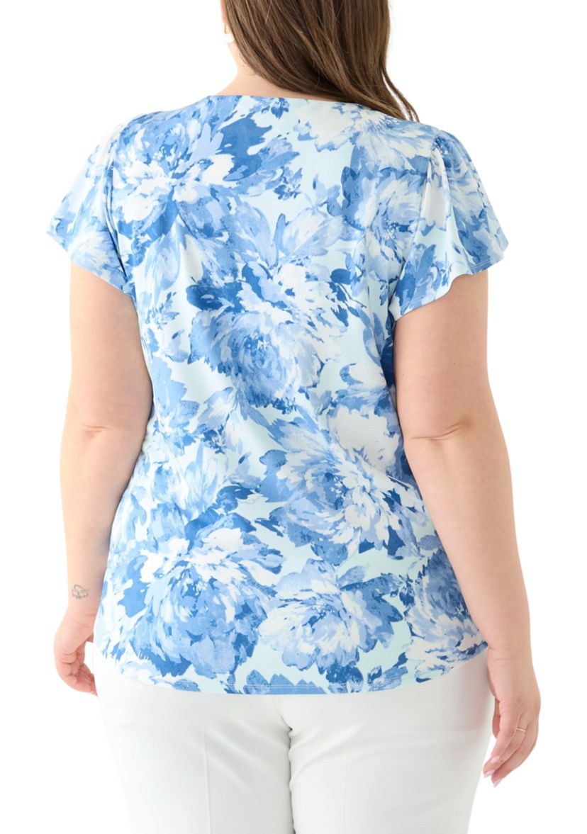 Plus Size Printed Moss Crepe Tube Trim Top