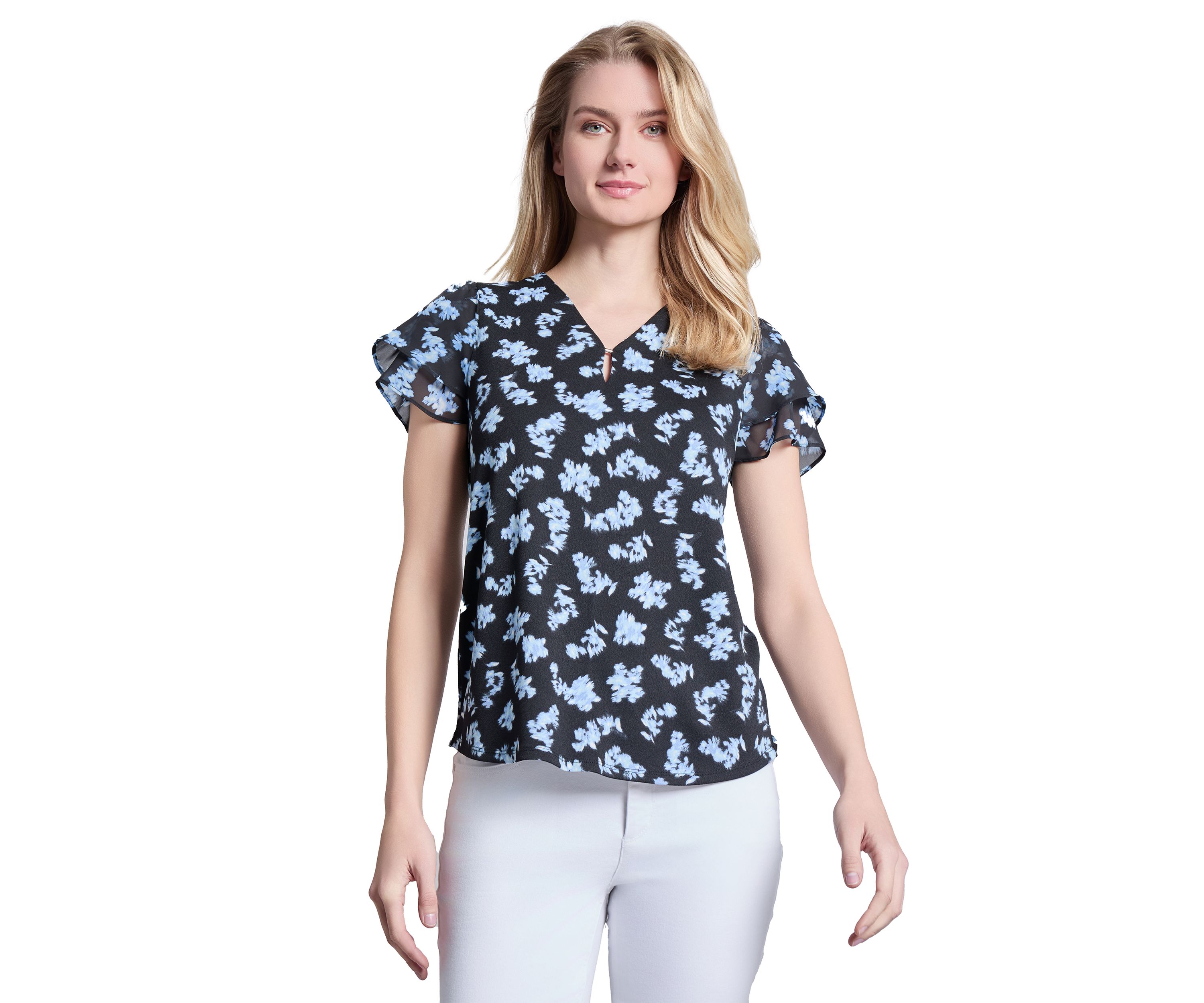Petite Printed Moss Crepe Double Flutter Sleeve V-Neck Top with Tube Trim