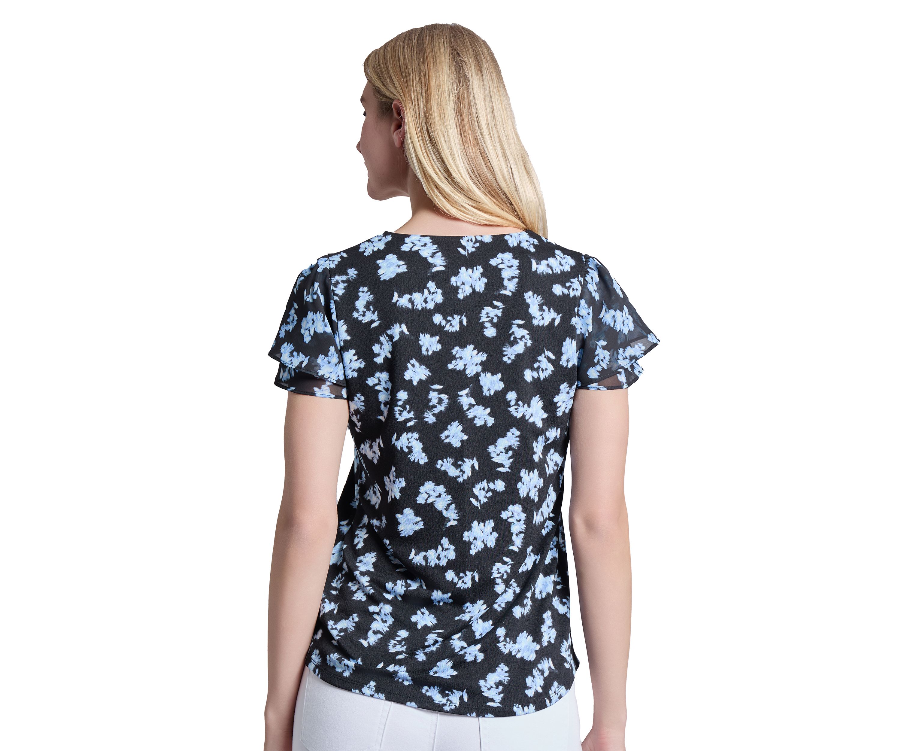 Petite Printed Moss Crepe Double Flutter Sleeve V-Neck Top with Tube Trim