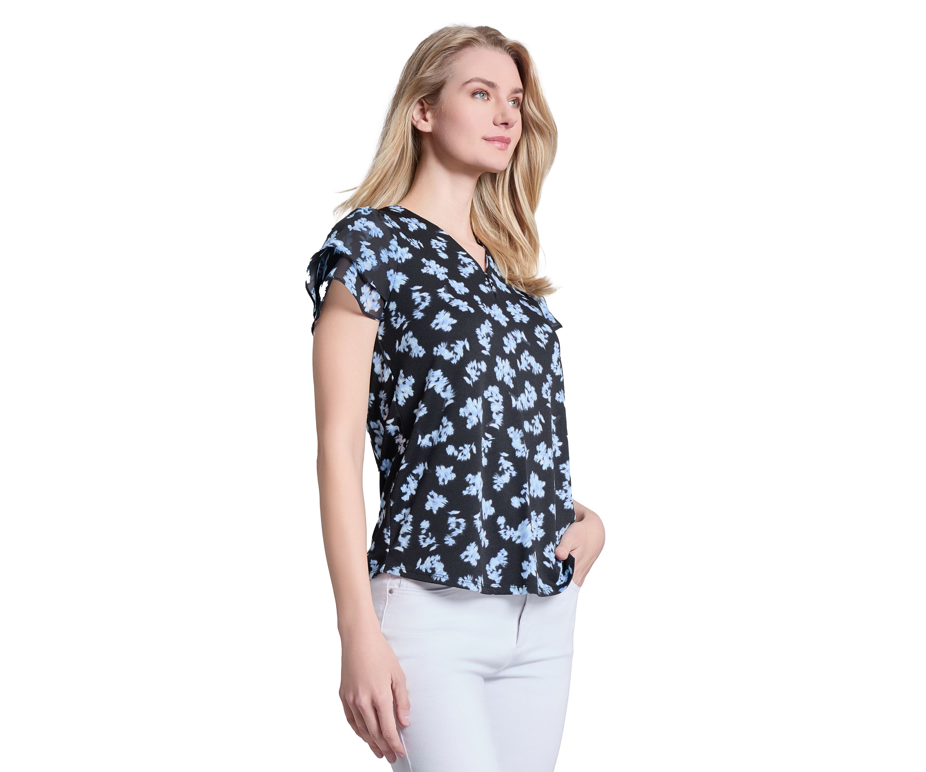 Petite Printed Moss Crepe Double Flutter Sleeve V-Neck Top with Tube Trim
