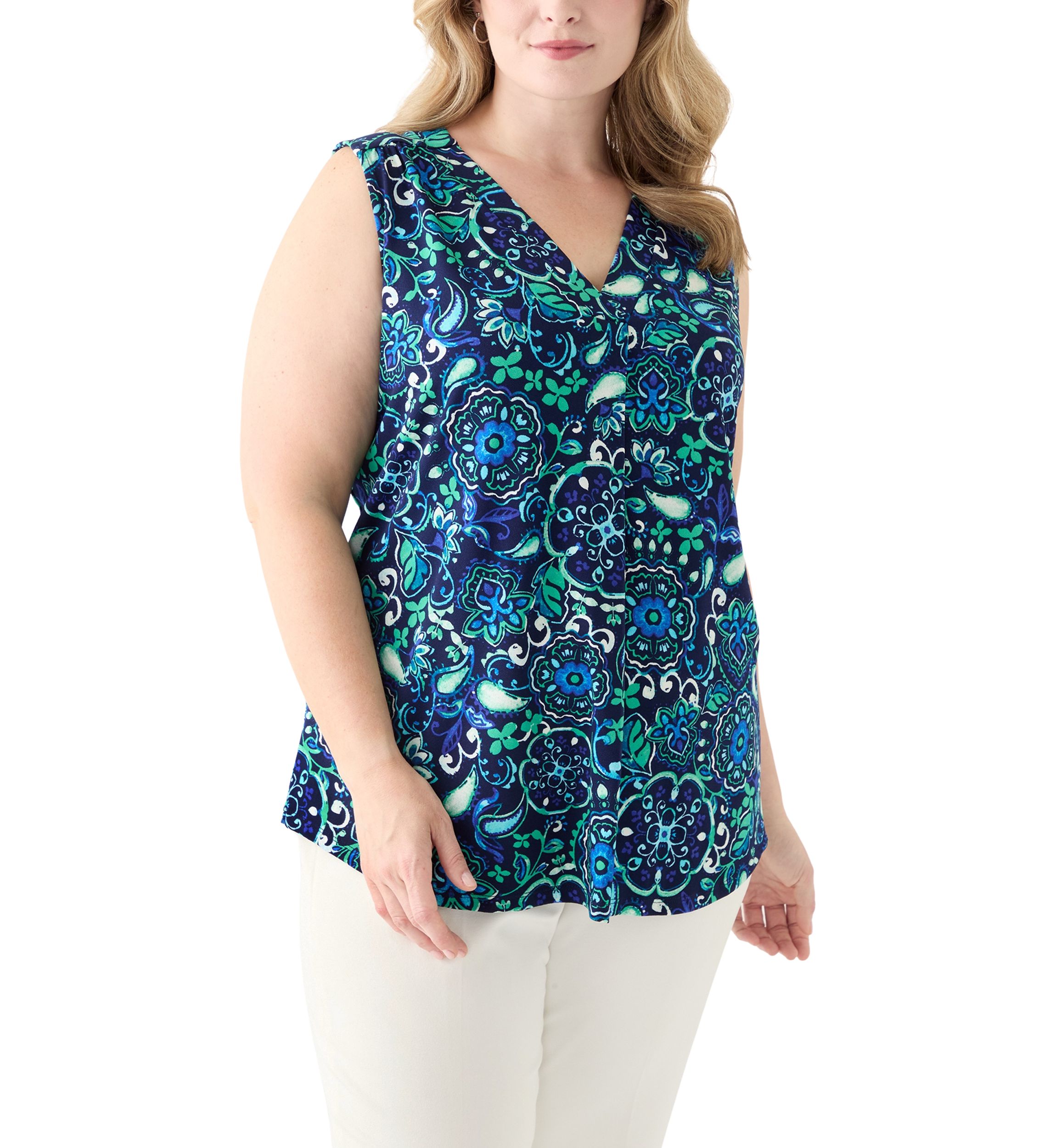 Plus Size Printed Sleeveless V-Neck Pleat Front Shell Top 