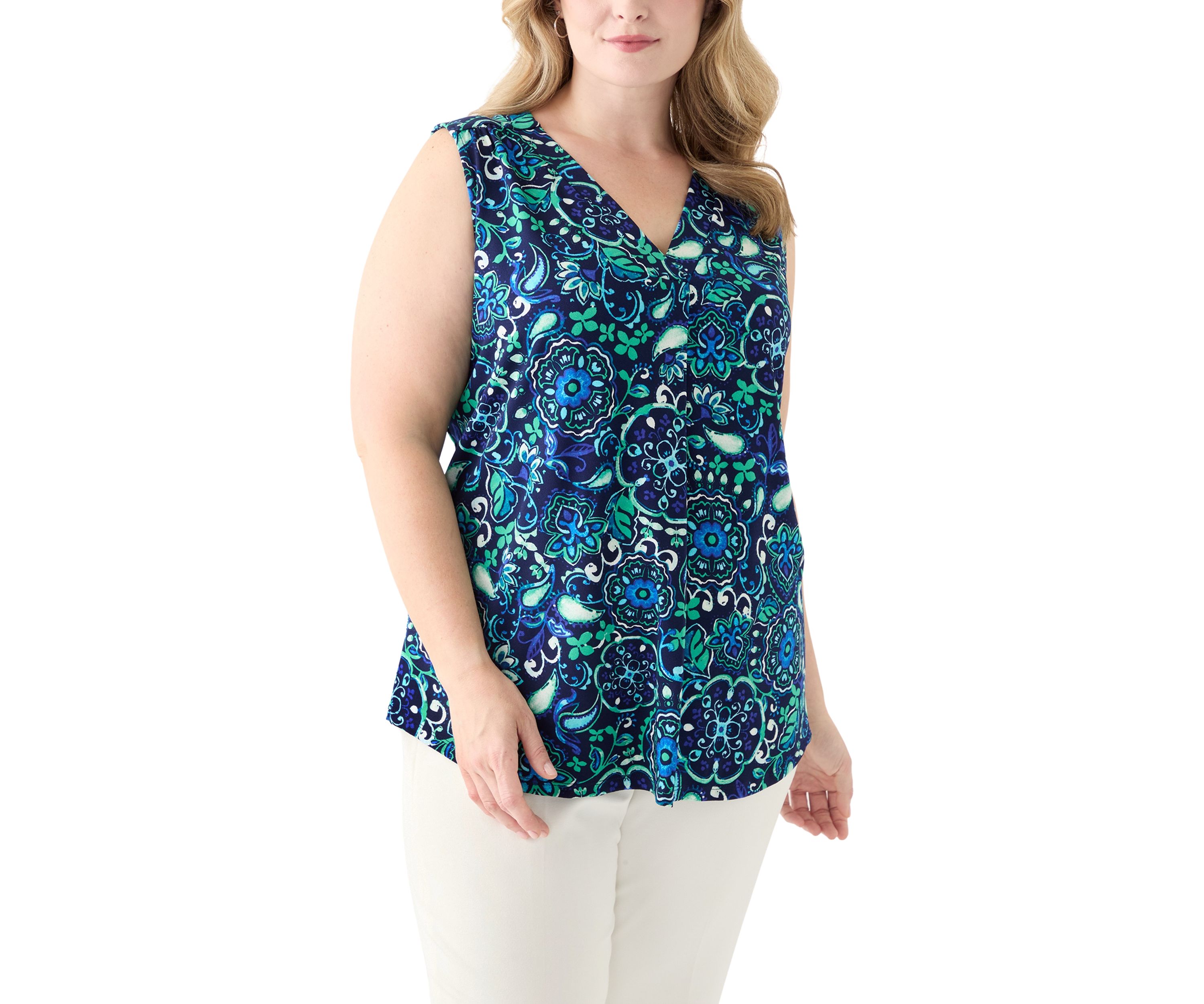 Plus Size Printed Sleeveless V-Neck Pleat Front Shell Top 