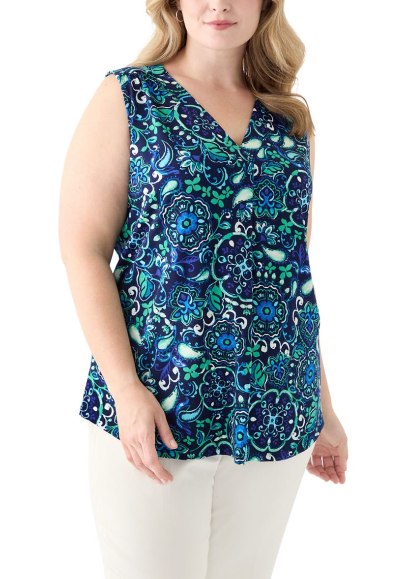 Plus Size Printed Sleeveless V-Neck Pleat Front Shell Top 