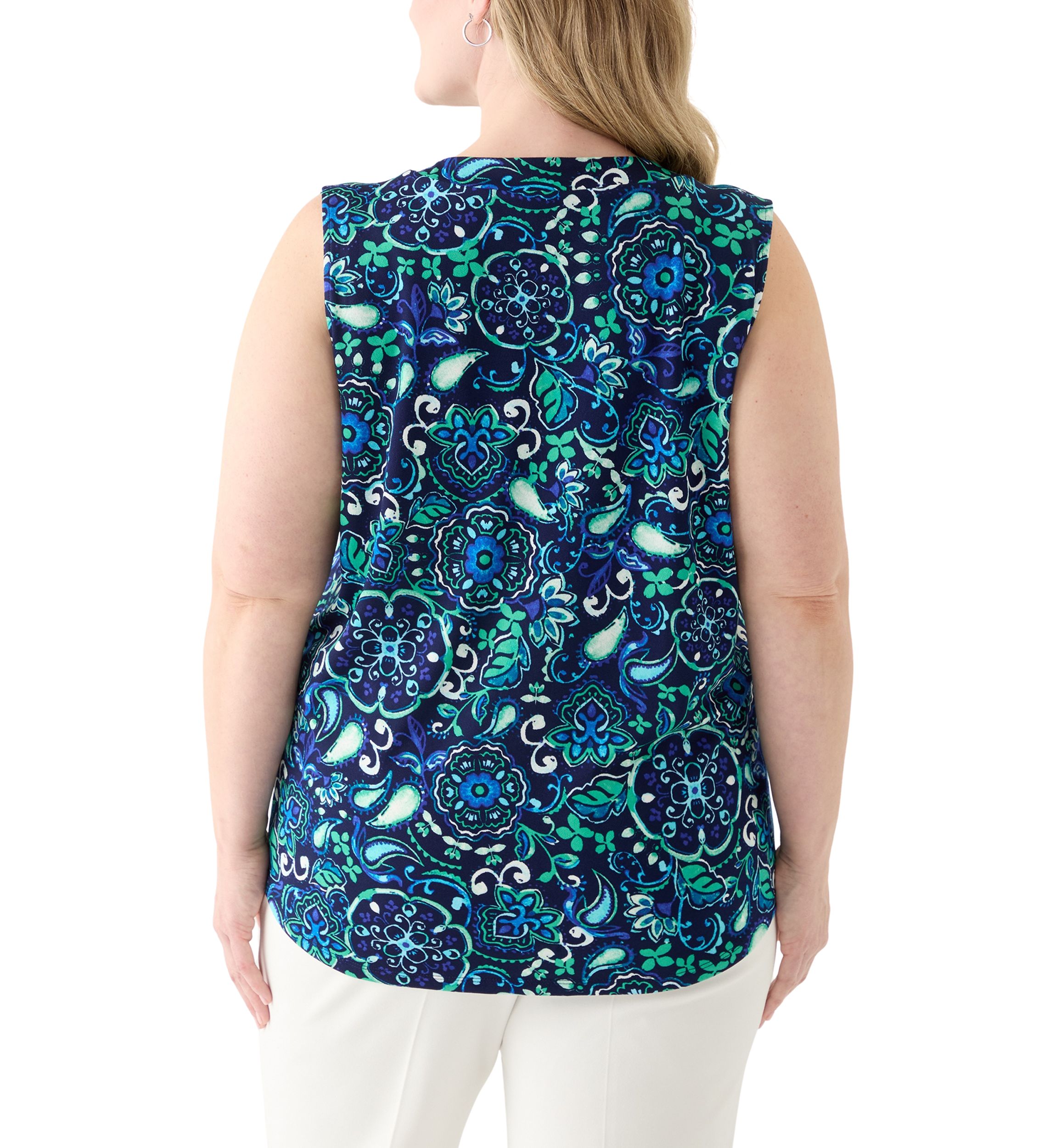 Plus Size Printed Sleeveless V-Neck Pleat Front Shell Top 