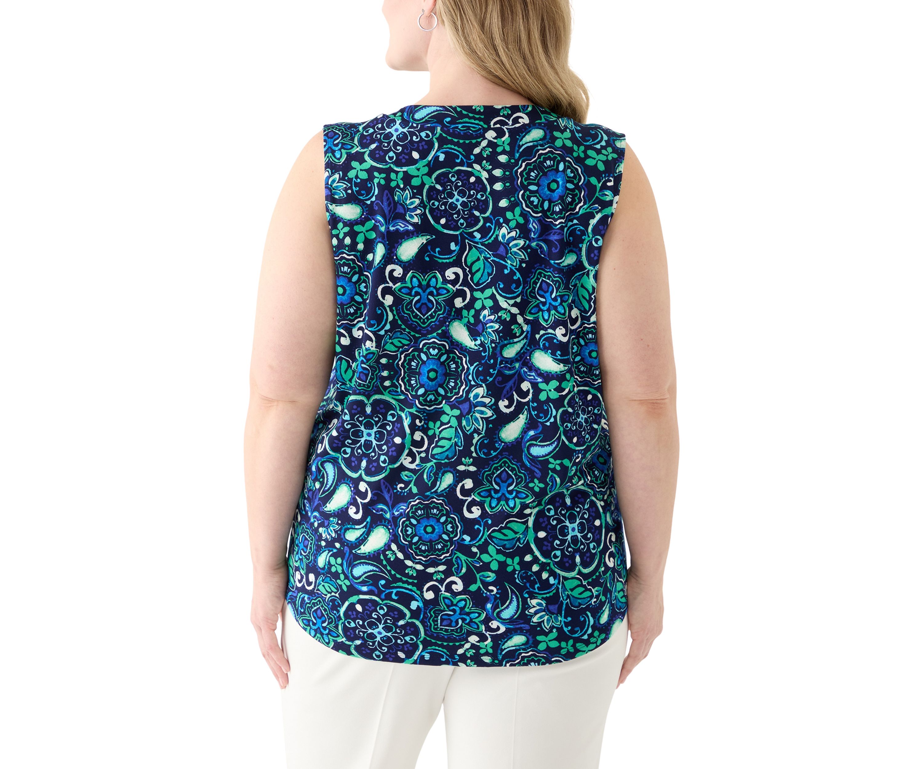 Plus Size Printed Sleeveless V-Neck Pleat Front Shell Top 