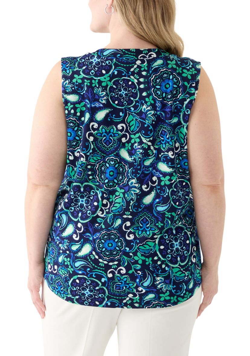 Plus Size Printed Sleeveless V-Neck Pleat Front Shell Top 