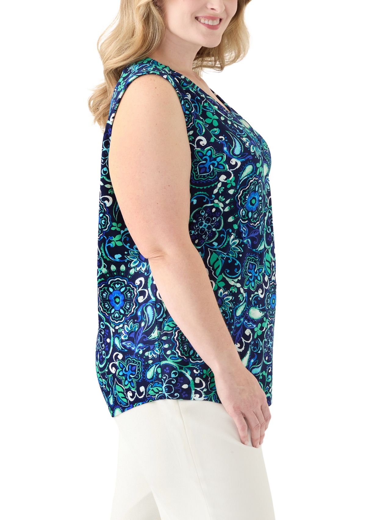 Plus Size Printed Sleeveless V-Neck Pleat Front Shell Top 