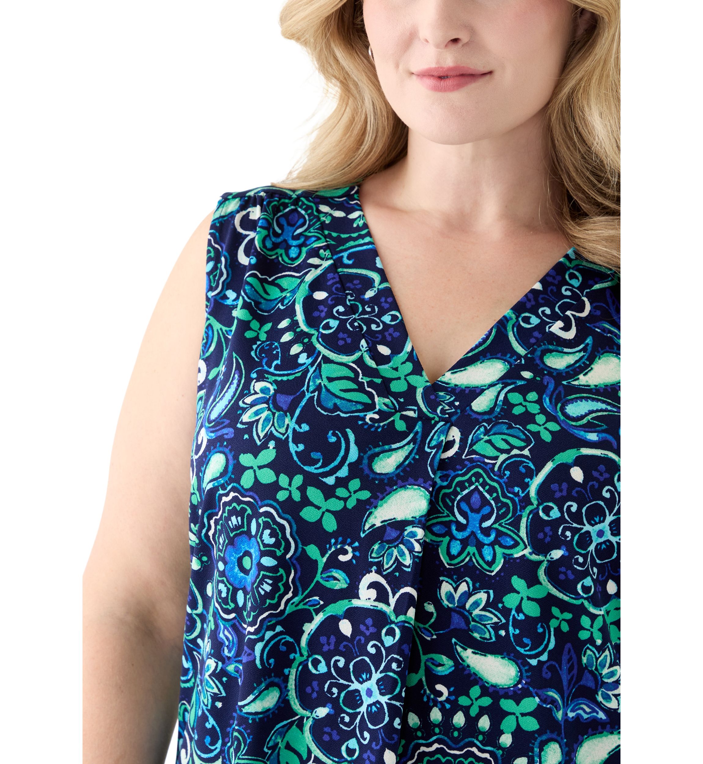Plus Size Printed Sleeveless V-Neck Pleat Front Shell Top 