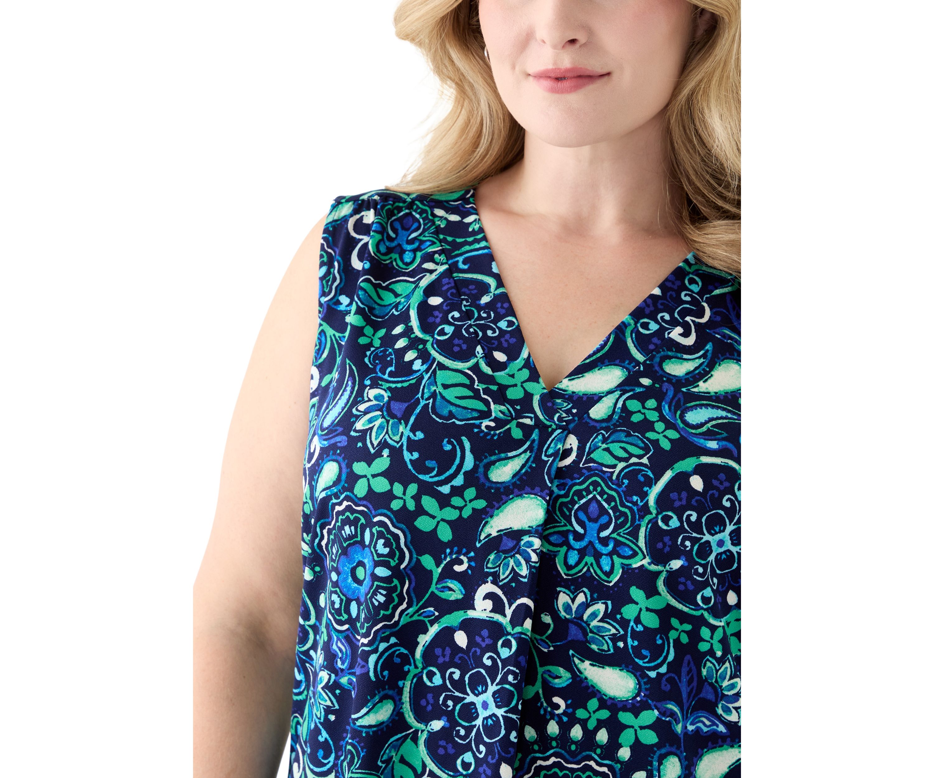 Plus Size Printed Sleeveless V-Neck Pleat Front Shell Top 