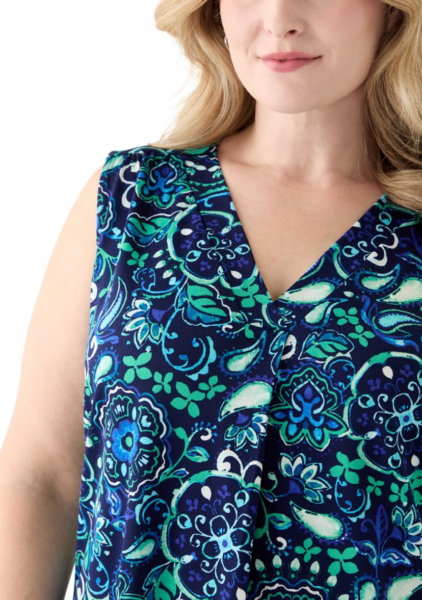 Plus Size Printed Sleeveless V-Neck Pleat Front Shell Top 