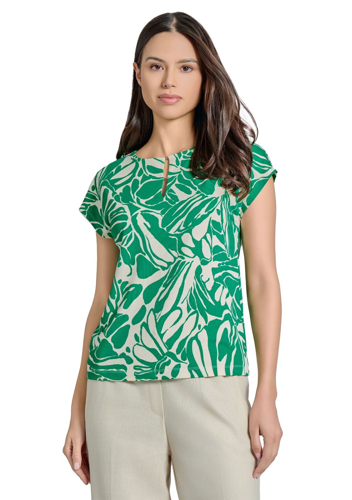 Womens Printed Moss Crepe Extended Shoulder Double Breasted Trim Top