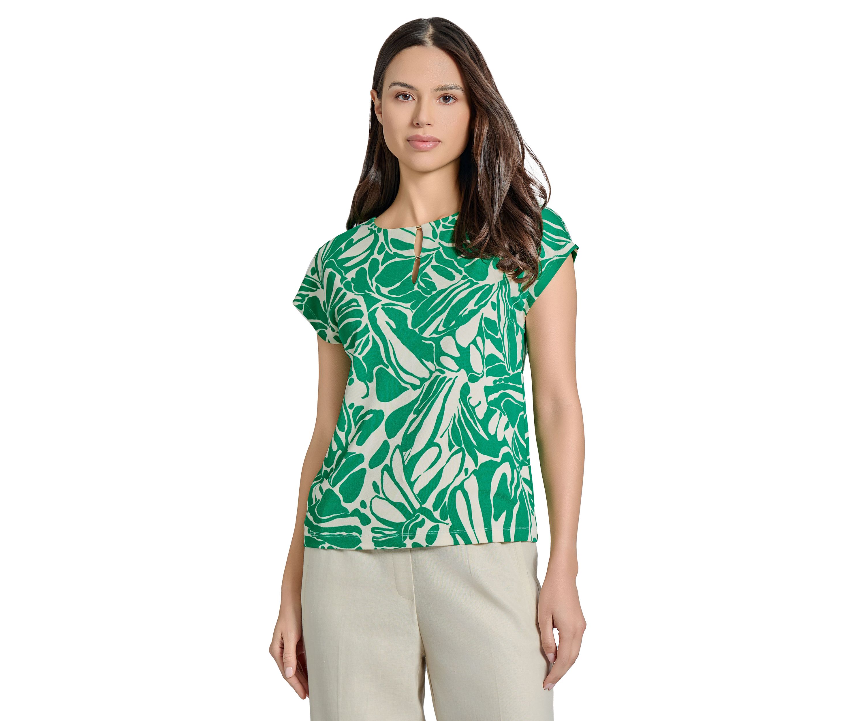 Womens Printed Moss Crepe Extended Shoulder Double Breasted Trim Top