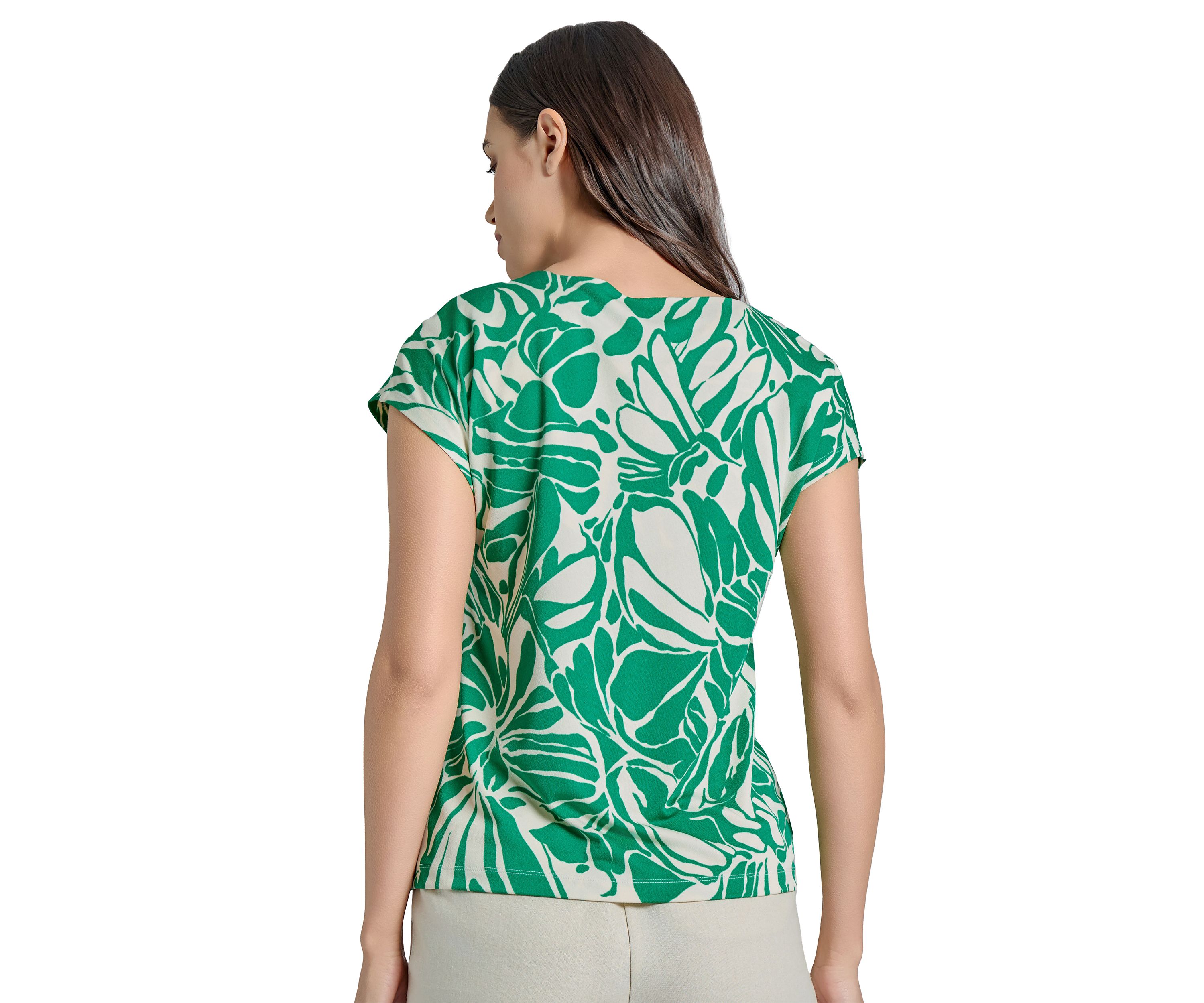 Womens Printed Moss Crepe Extended Shoulder Double Breasted Trim Top