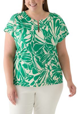 JONES NEW YORK Women's Plus Size Printed Cropped Extended SHoulder Double Trim Top, 3X