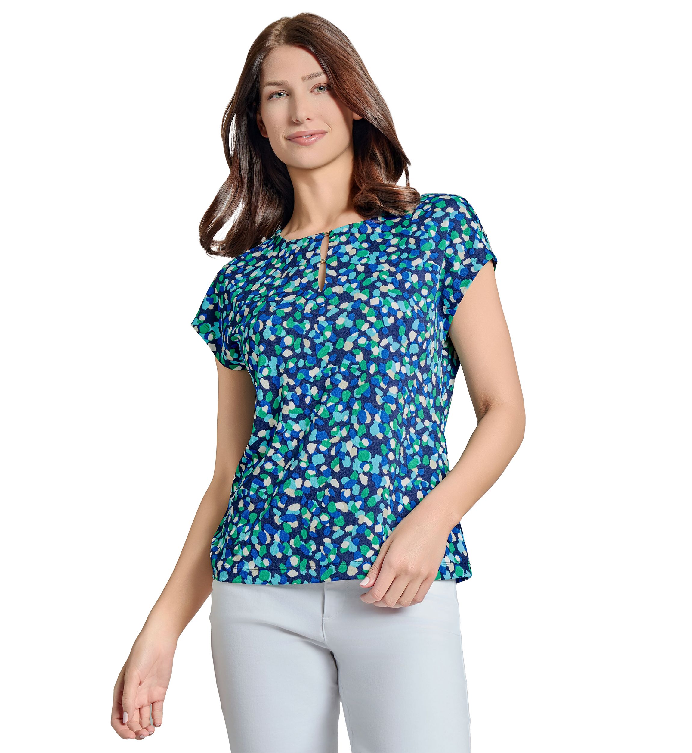 Womens Printed Moss Crepe Cap Sleeve Double Trim Top